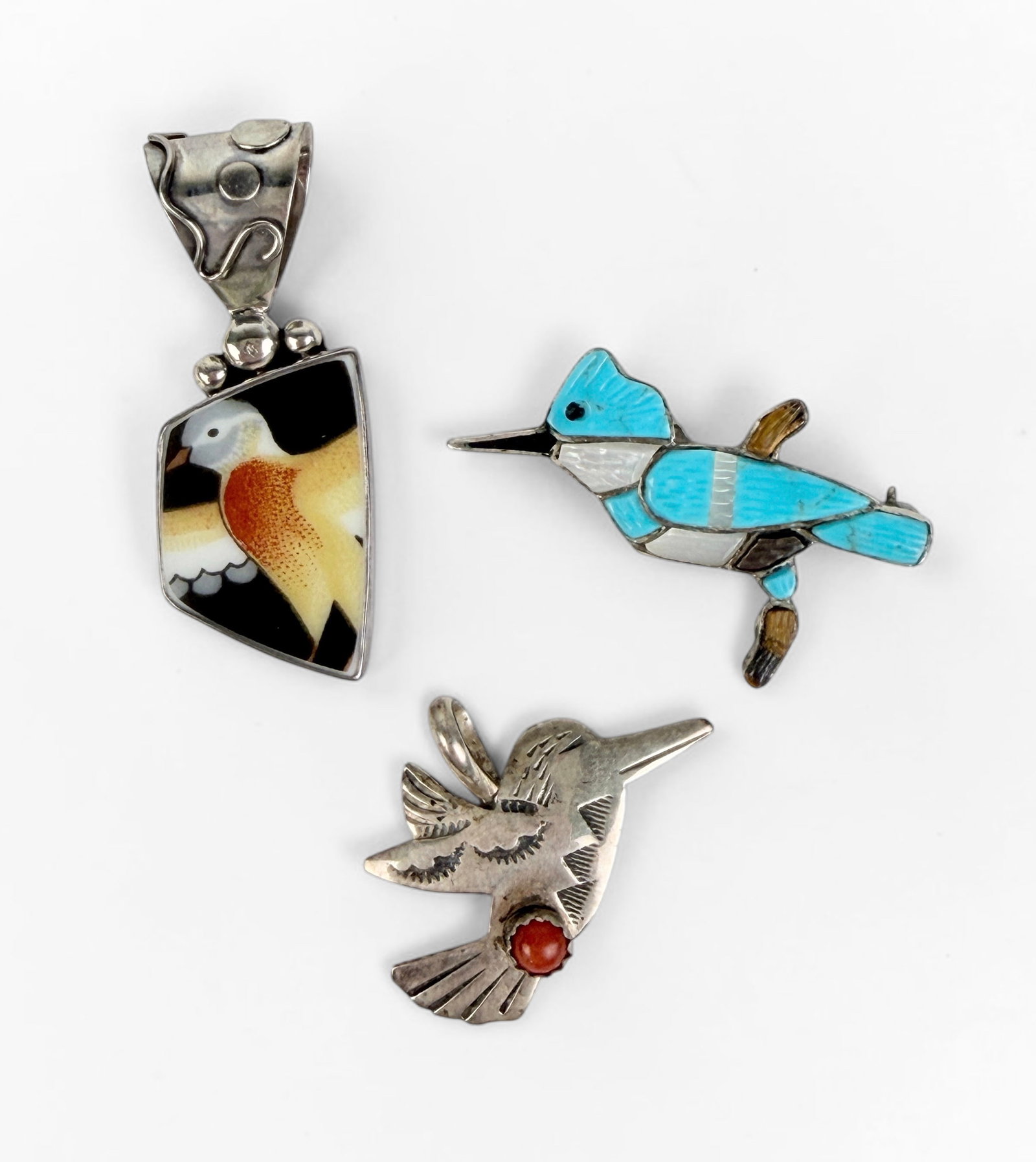 (3) Navajo Silver & Semi-Precious Stone Bird Pendants (1 of 7)
