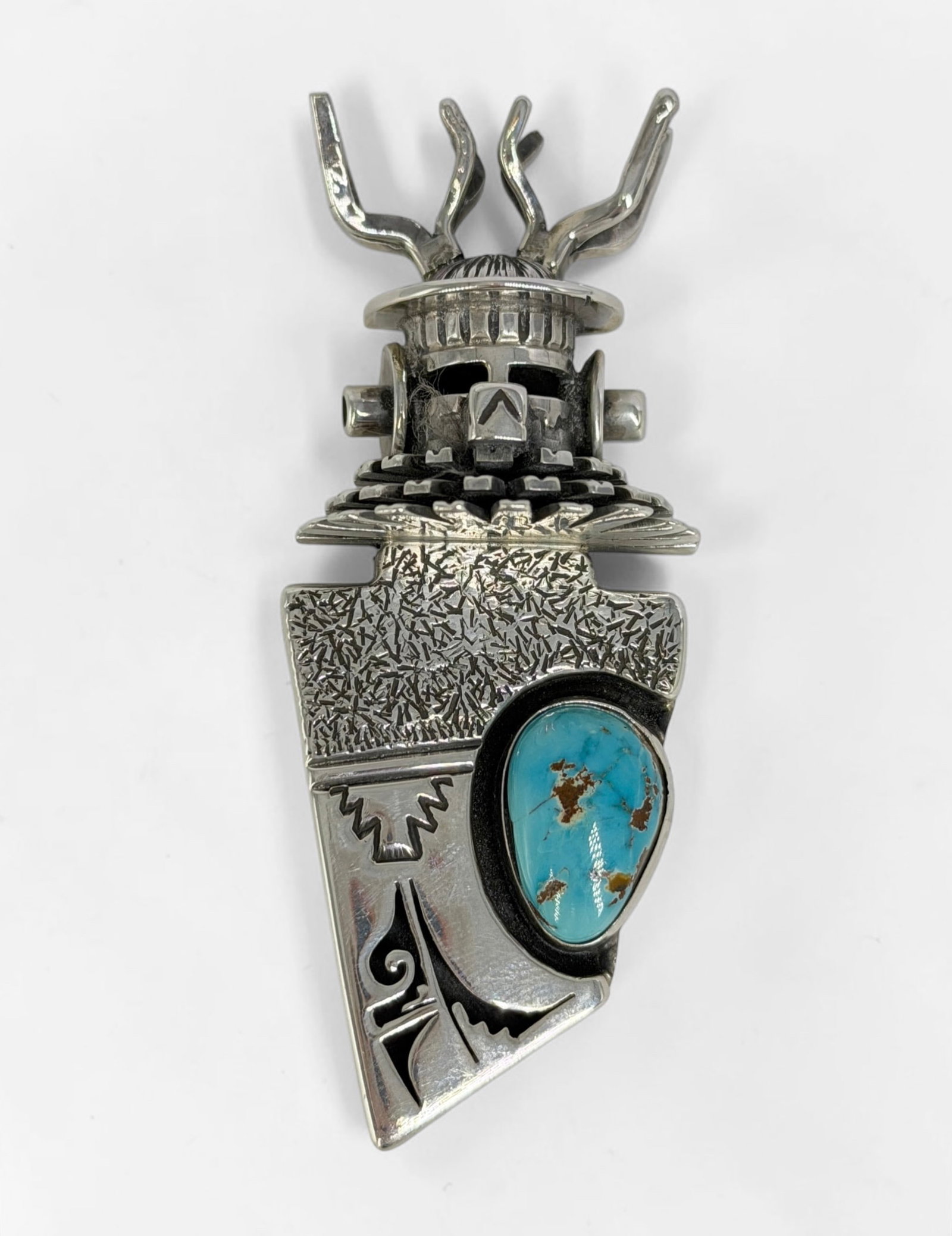 Bennie Ration Navajo Sterling Silver & Turquoise Brooch: Stamped on the reverse. Dimensions: 3" x 1 1/4" Total Weight: 46.1g Condition: The brooch pin is detached but included. Otherwise, the brooch is in good condi