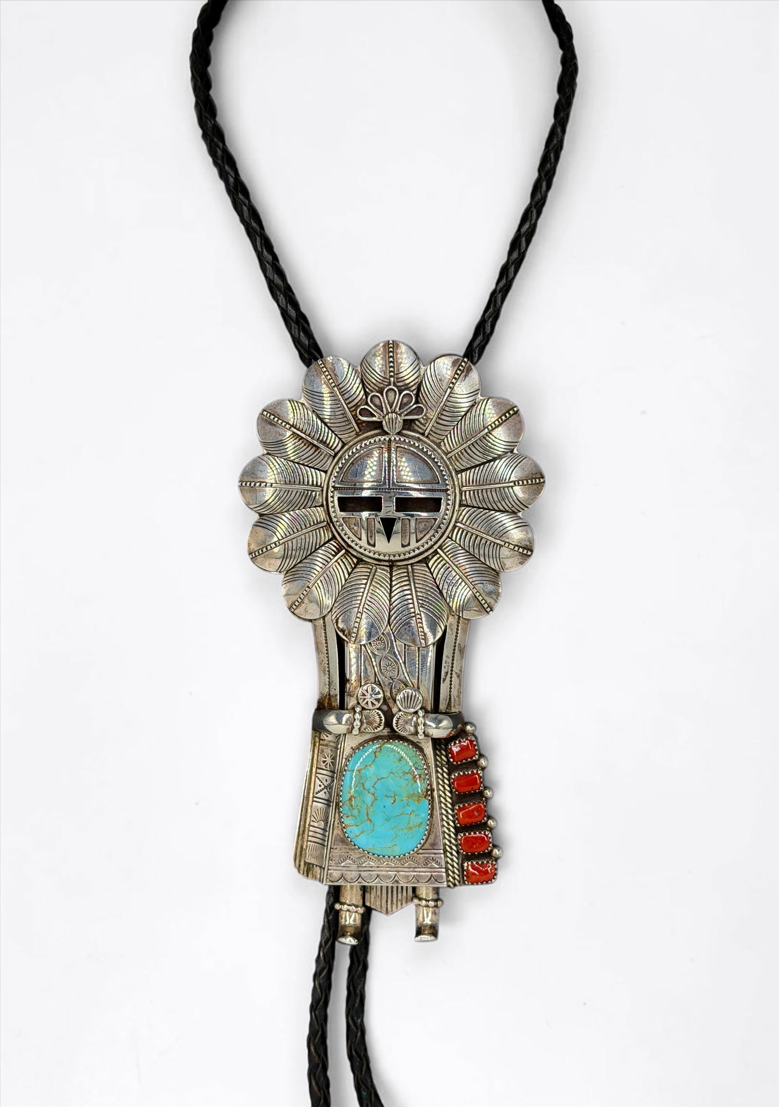 Jereme Delgarito Kachina Sterling Turquoise & Coral Bolo (1 of 6)