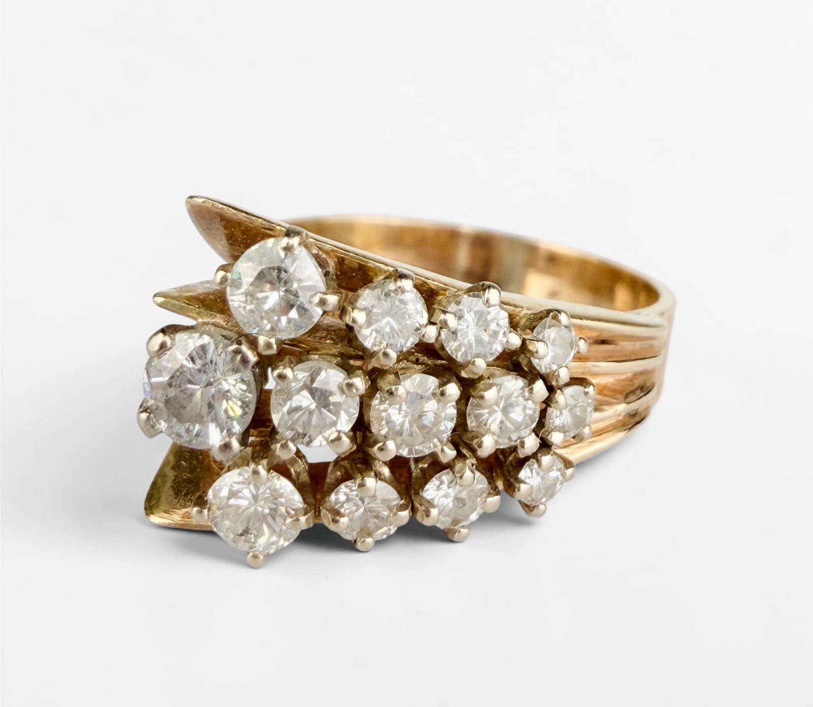 14K Gold Diamond Cocktail Ring: Size: 6 Total Weight: 5.6g Condition: The ring has light surface wear, consistent with use. Overall, the ring is in good condition. Please see images for details. 