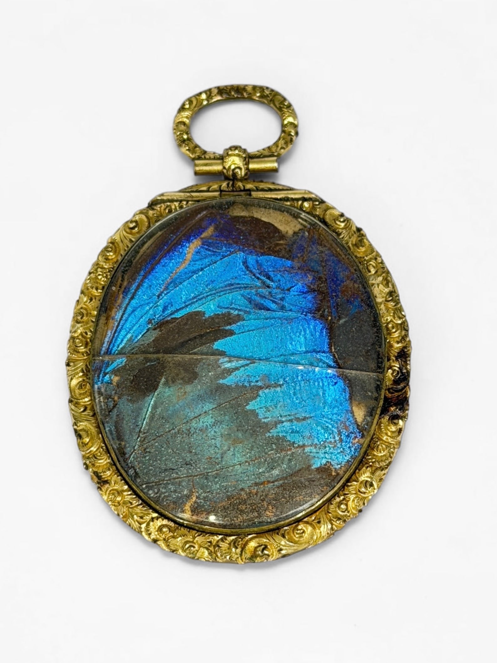 Antique Butterfly Wings Pendant: Dimensions: 3" x 2" Total Weight: 30.3g Condition: Some tarnishing to the metal filigree case and deterioration of the butterfly wings. Crack in the glass casing. 