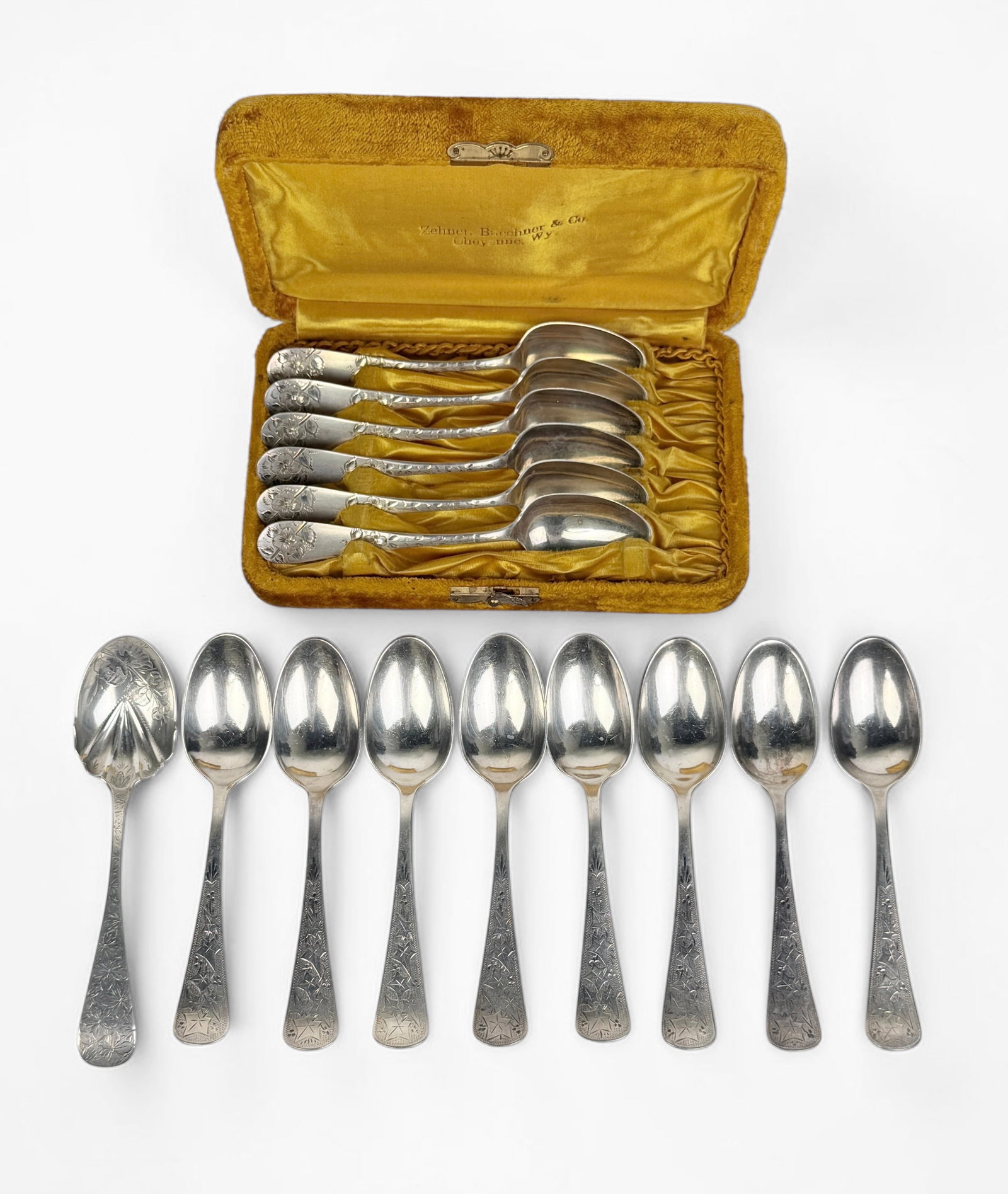 (15) Hand-Engraved Sterling Spoons: The lot includes (2) matching sets and (1) unique spoon. Longest Length: 5 1/2" Total Weight: 10.3ozt Condition: The spoons are in good condition with minor