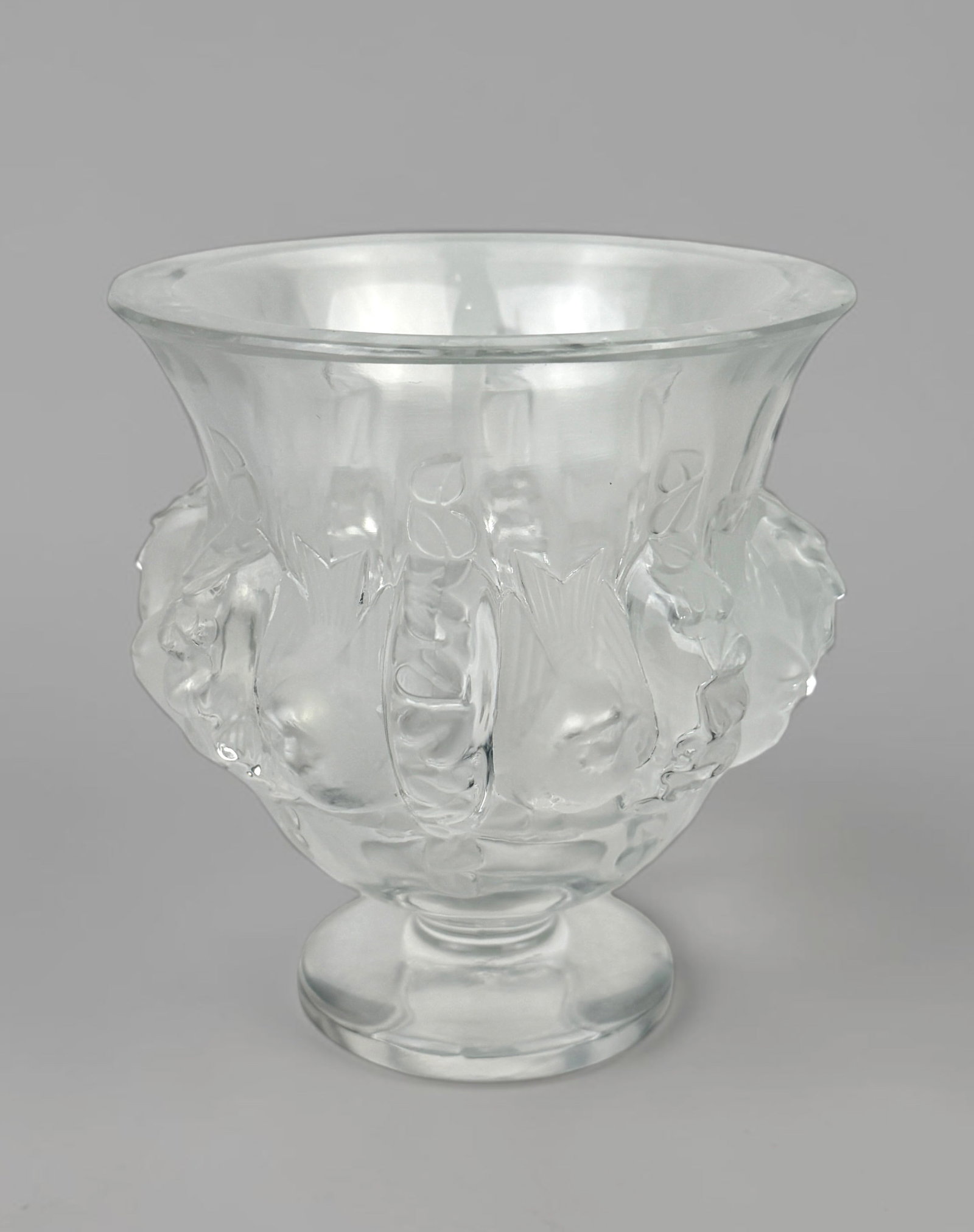 Lalique "Dampierre" Crystal Vase: Signed on the bottom. Dimensions: 4 3/4" Tall x 4 1/2" Diameter Condition: The vase is in good condition. No cracks or chips. Please see images for details. &