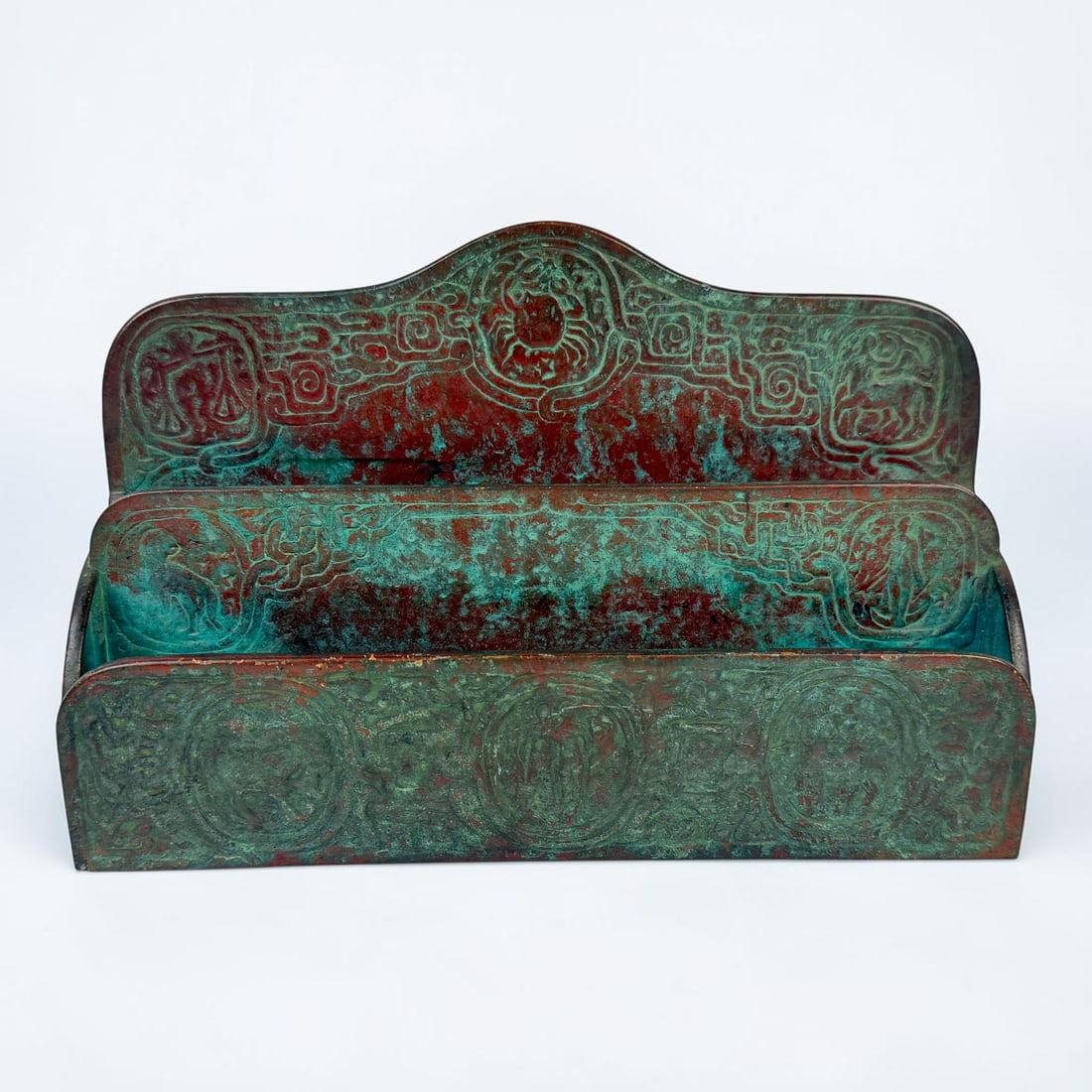 Tiffany Studios "Zodiac" Letter Holder: Marked on the bottom. Dimensions: 9 1/2" Wide x 6 1/4" Tall x 2 1/2" Deep Condition: Oxidation throughout the bronze. Minor scratches to the surface. Please se