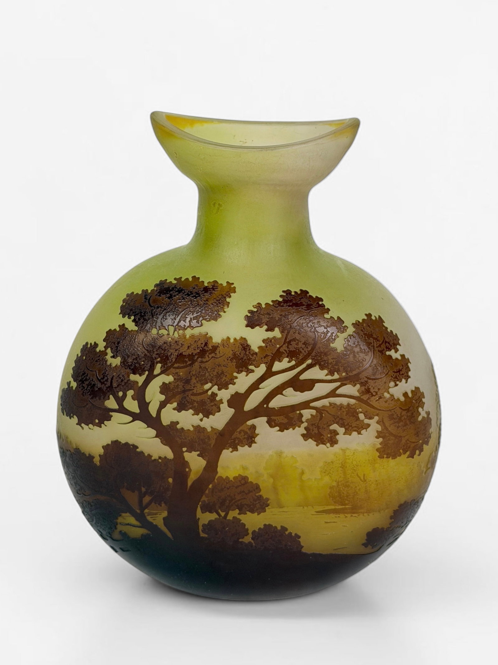 Emile Galle 'Landscape' Cameo Gourd Vase: Signed by the artist. Dimensions: 5 3/4" Tall x 4 1/2" Wide x 2 1/4" Deep Condition: There is a fleabite chip to the bottom edge of the vase. Overall, the vase is in