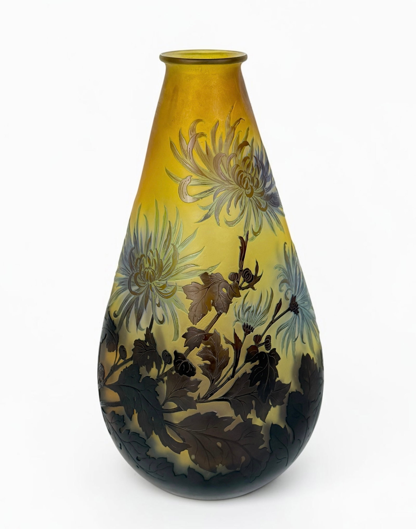 Emile Galle 'Chrysanthemum' Vase: Signed by the artist on the side of the vase. Dimensions: 12 1/2" Tall x 5 1/2" Widest Point Condition: Minor scratches to the base of the vase. Minor marks throughout th