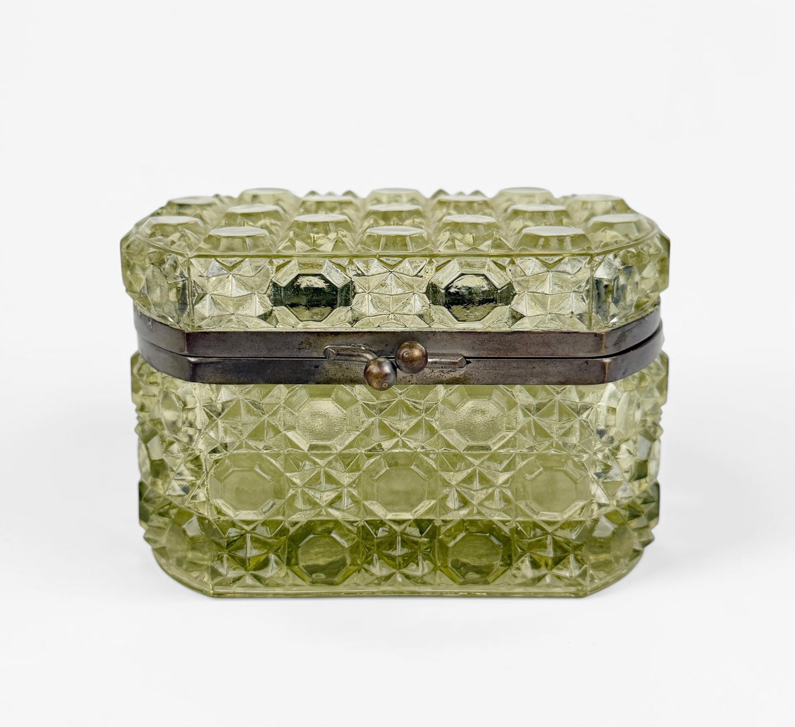 Antique Baccarat Uranium Cut Glass Box: Baccarat logo on the bottom of the box. Dimensions: 2 1/2" x 4" x 2 3/4" Condition: Tarnishing to the silver elements. Residue around the silver bevel shows ev