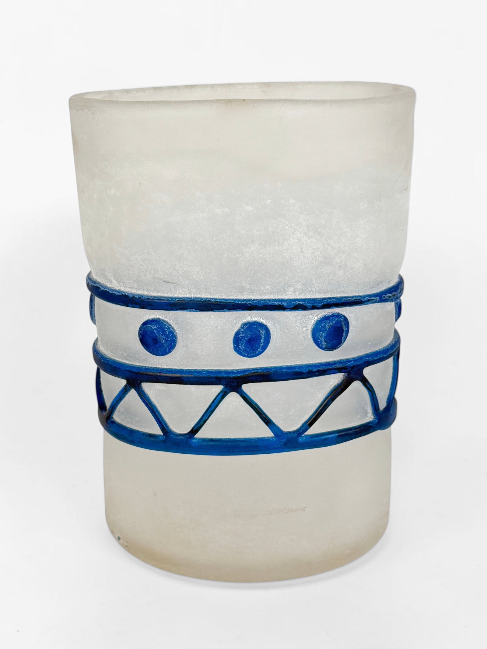 Gino Cenedese MCM Murano Frosted Glass Vase: Signed on the base. Dimensions: 13" x 8 1/2" x 5" Condition: Discoloration spots to the white frosted glass. No chips or cracks. Please see images for det