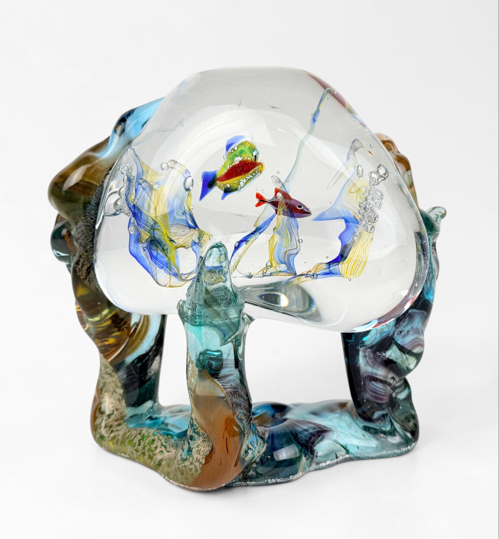 Murano Art Glass Aquarium: Signed on the bottom. Dimensions: 7 1/2" x 7 1/2" x 3" Condition: There is a ring of white residue around the bottom edge of the sculpture. Otherwise, the scul