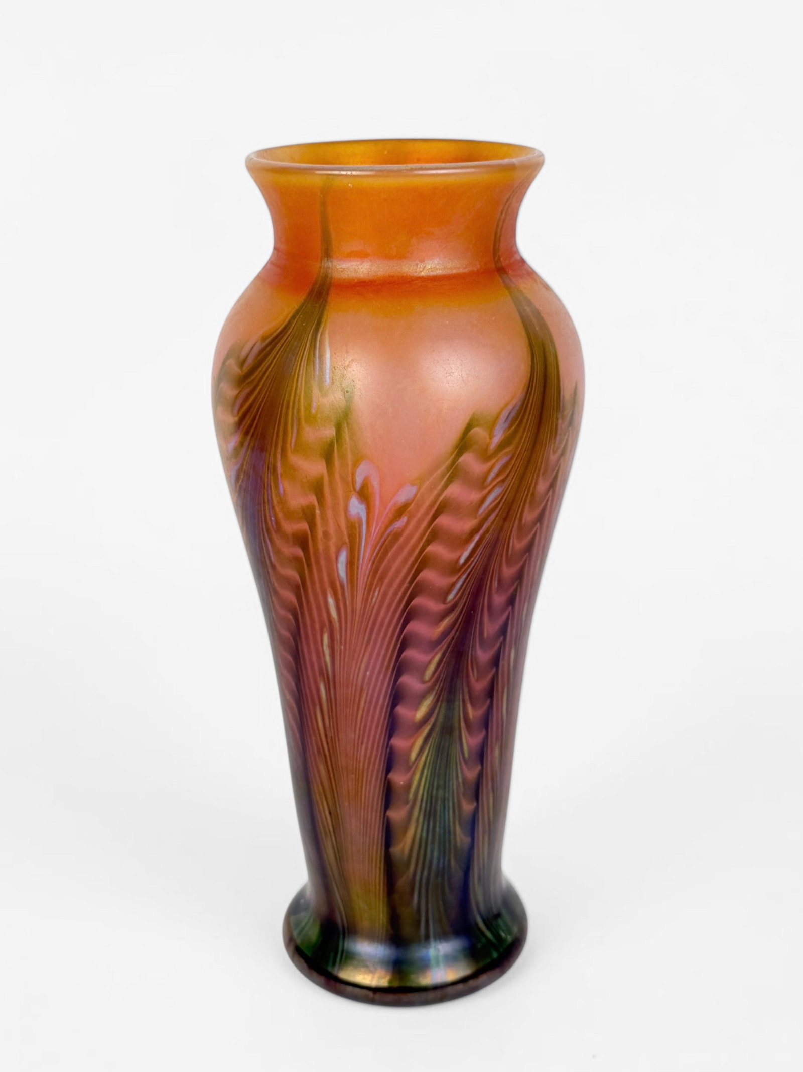 Lundberg Studios Pulled Feather Art Glass Vase: Signed on the bottom. Date: 7-13-96 Dimensions: 11 1/2" Tall x 4 3/4" Diameter Condition: Some residue is stuck to the surface throughout, but can be removed. Overall, th
