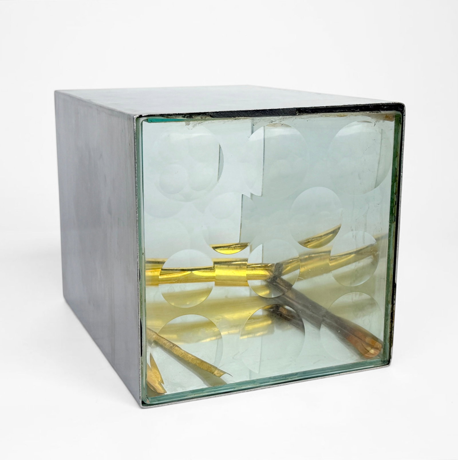 Feliciano Bejar Magiscope Box Sculpture: Signed along the side. Date: 1966 Dimensions: 6" x 6" x 8" Condition: Surface scratches to the exterior metal frame. The glass has marks and is clouded. T