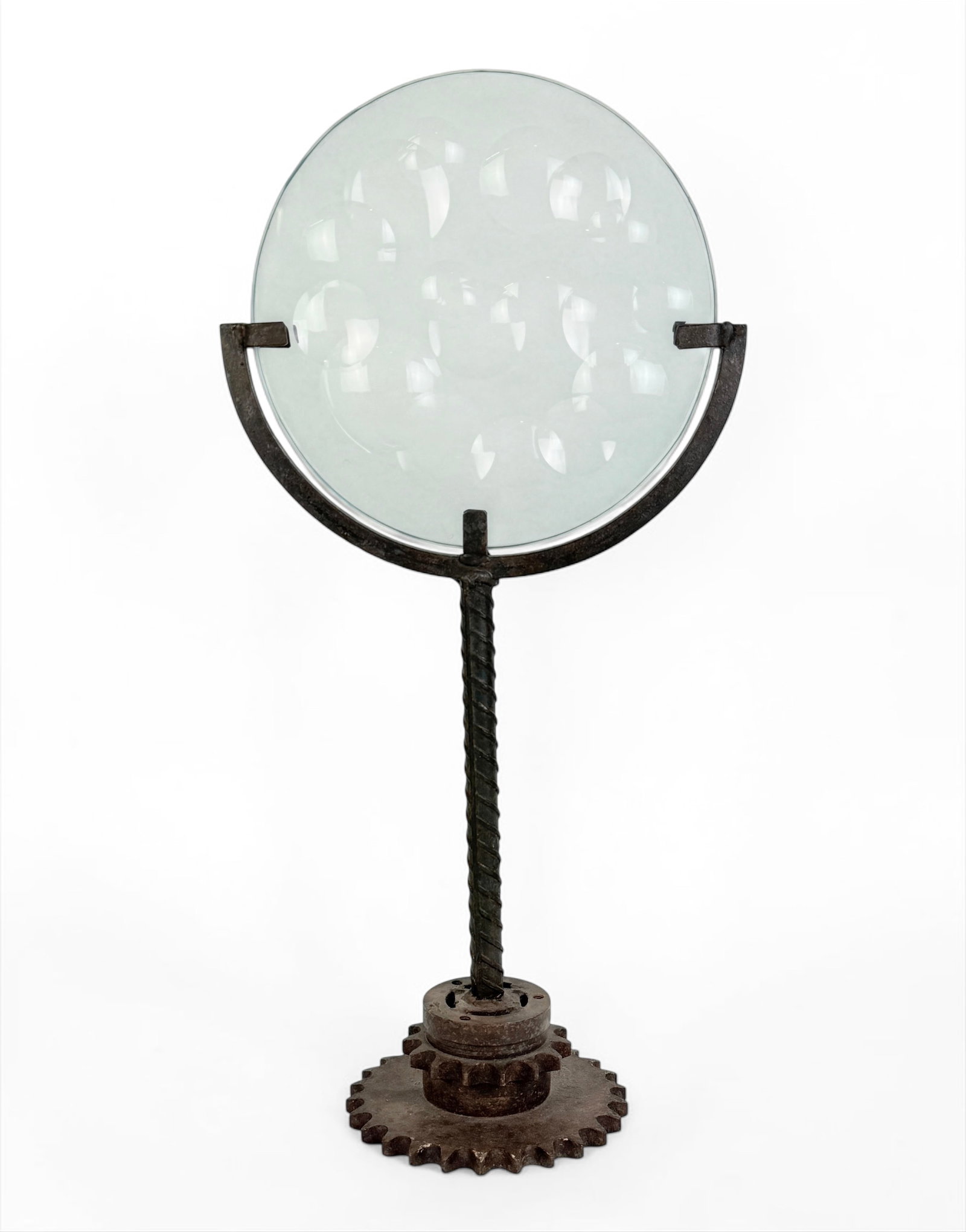 Feliciano Bejar Style Glass & Metal Sculpture: Signed on the glass. Dimensions: 23 1/4" x 11 1/2" x 7" Condition: Rust to the metal stand. Overall, the sculpture is in good condition. No cracks or chips to 