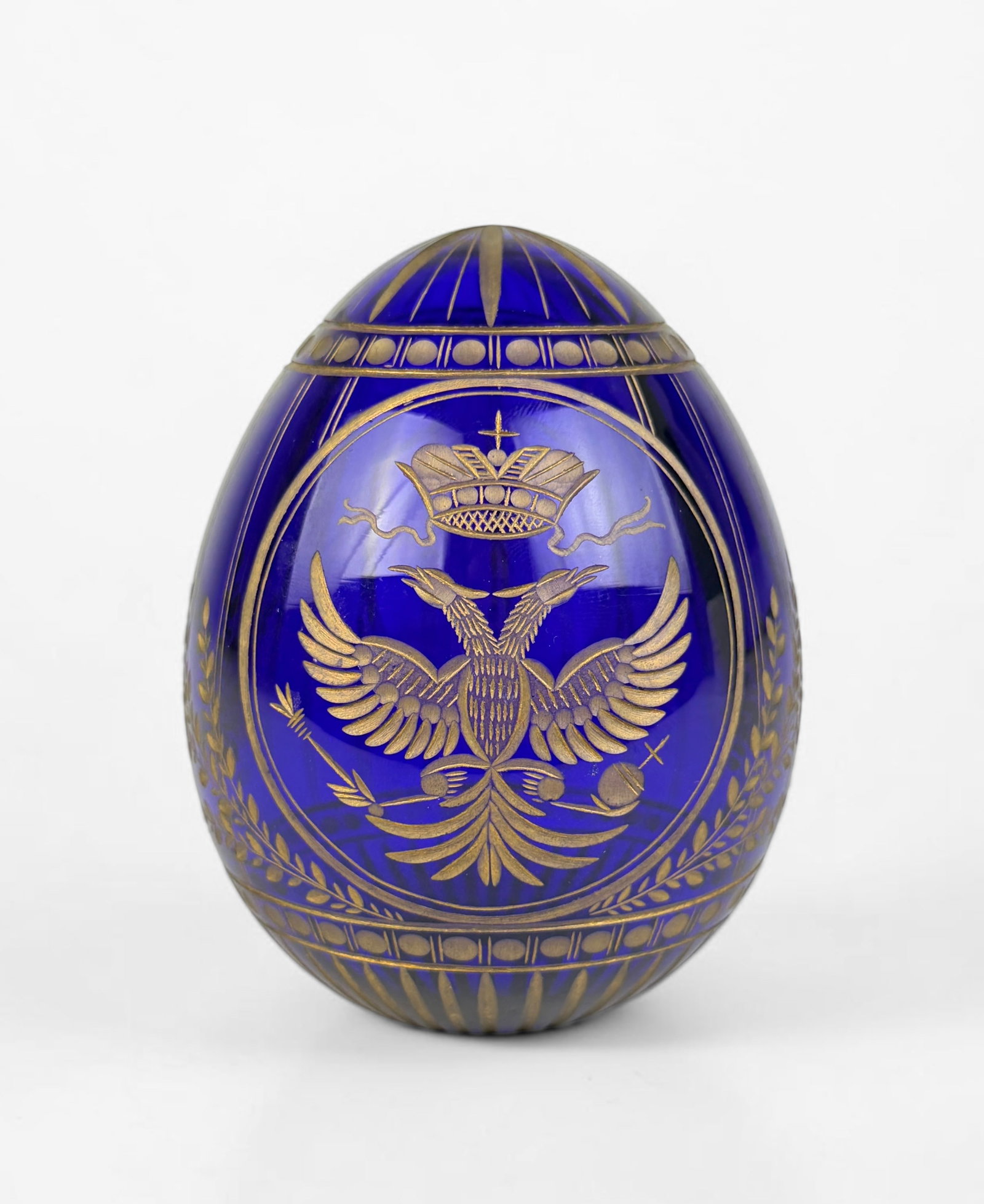 Faberge-Style Cobalt Blue Glass Russian Egg: Dimensions: 4" x 3" Condition: There is minor wear to the bottom of the egg, but overall it is in very good condition. 