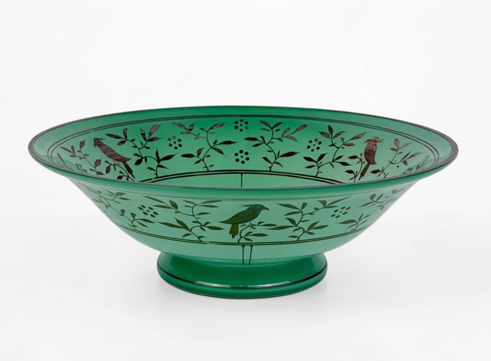 Czech Depression-Era Glass W/ Silver Bird Motif: The bowl is not signed. Stamped Czechoslovakia on the bottom. Dimensions: 3 1/2" Tall x 10" Diameter Condition: Tarnishing to the silver pigment and some areas