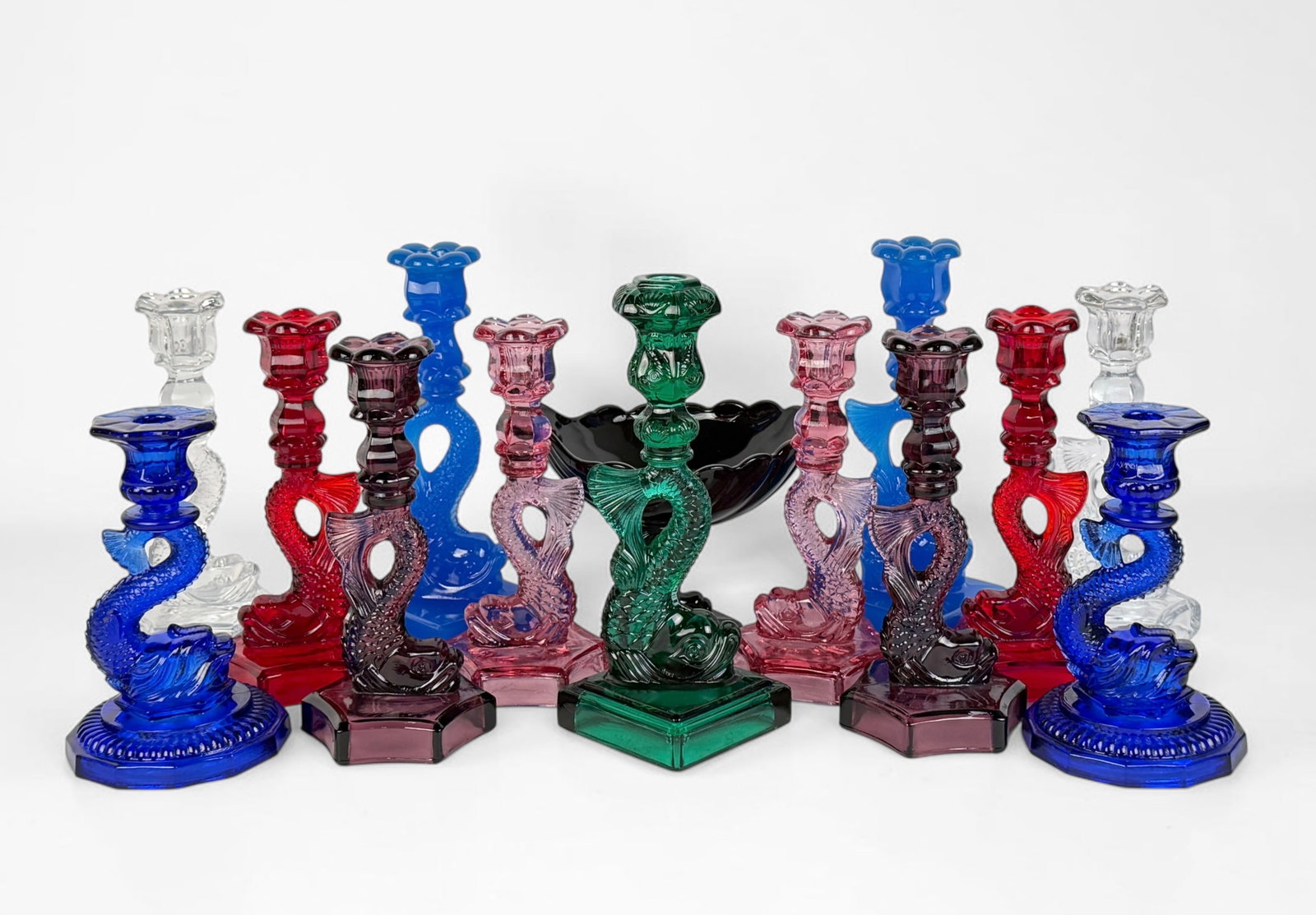 (13) "Dolphin" Glass Candlesticks & (1) Bowl (1 of 12)