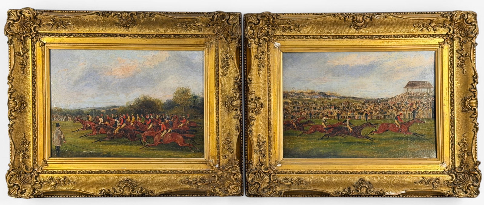 Pair of Samuel Henry Gordon Alken Oil on Canvas Paintings: Title: The Start of the Epsom Derby & The Finish of the Epsom Derby Medium: Oil on Canvas Provenance: Christie's Auction; Sale 9794; Lot 55 Image: each 9 3/4" x 14" Frame: each 15 1/2" x 19" Conditi