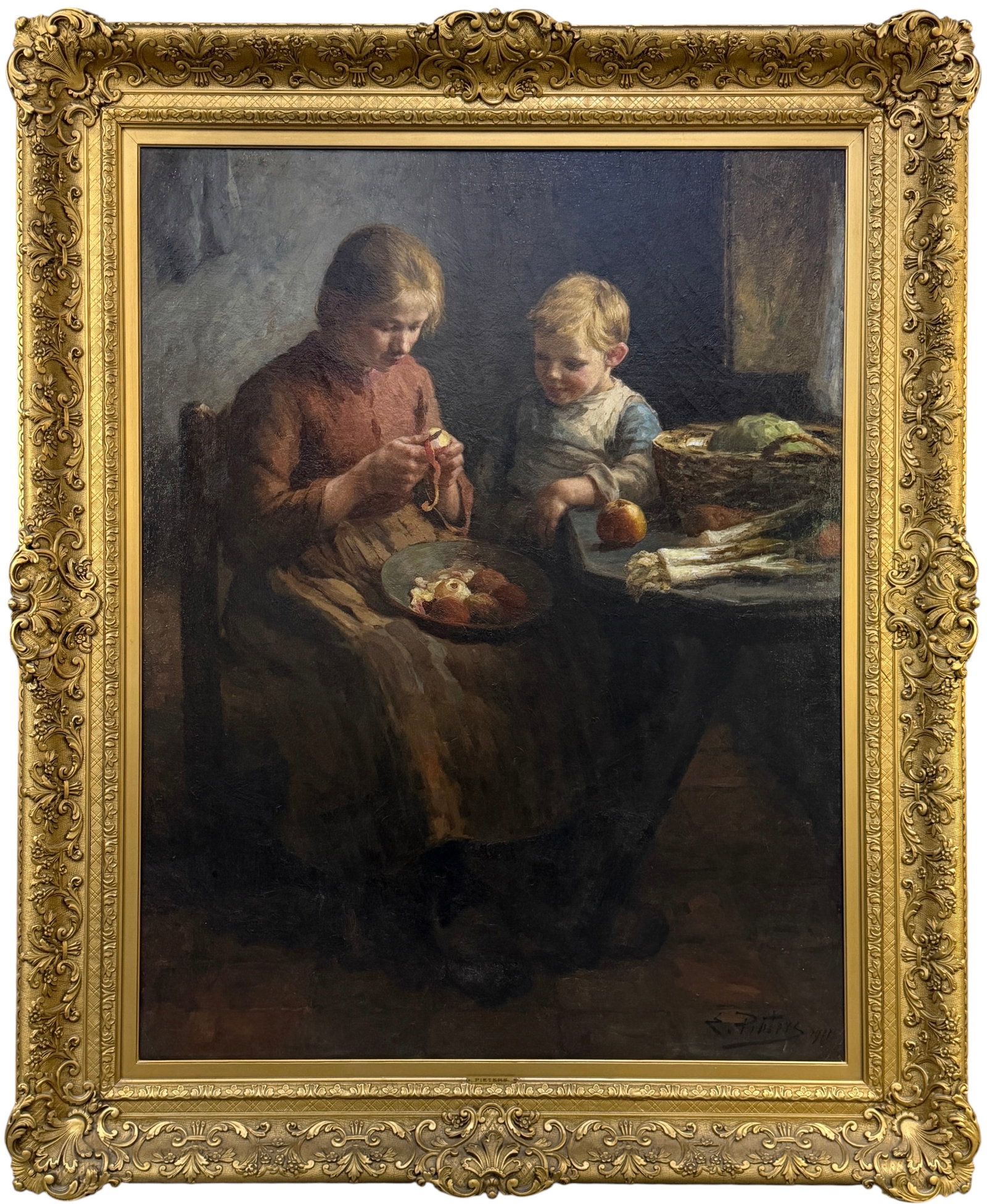 Evert Pieters 'Apple Peeling' Oil on Canvas: Signed and dated lower right. Date: 1911 Image: 45 1/2" x 35" Frame: 57" x 47" Condition: Crazing is mostly confined to the top-left corner. The
