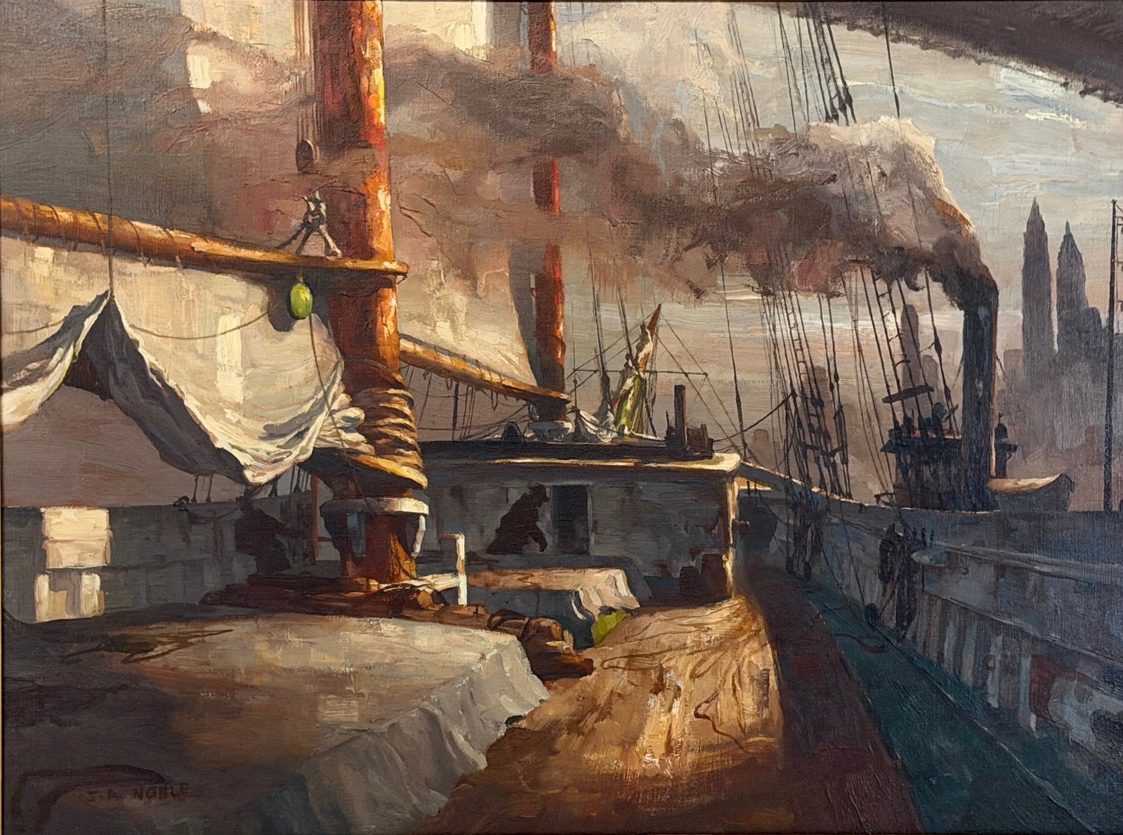 John Alexander Noble "East River" Oil on Canvas: Hand signed by the artist in the lower left. Provenance information provided, including an appraisal, exhibition documentation, and correspondence between original owners and the artist.&nb