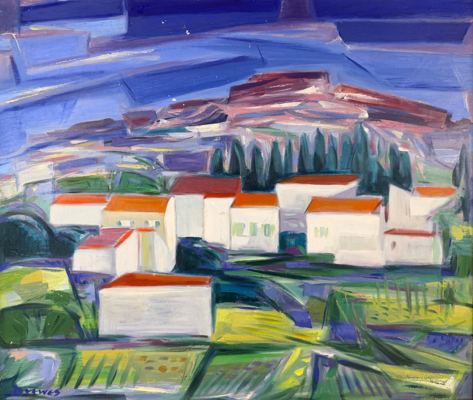 Werner Drewes "Avignon Island" Oil on Canvas: Signed in the lower left by the artist. Image: 33" Wide x 28" Tall Frame: 34 1/4" Wide x 29 1/4" Tall Condition: Areas of loss of paint, concentrated