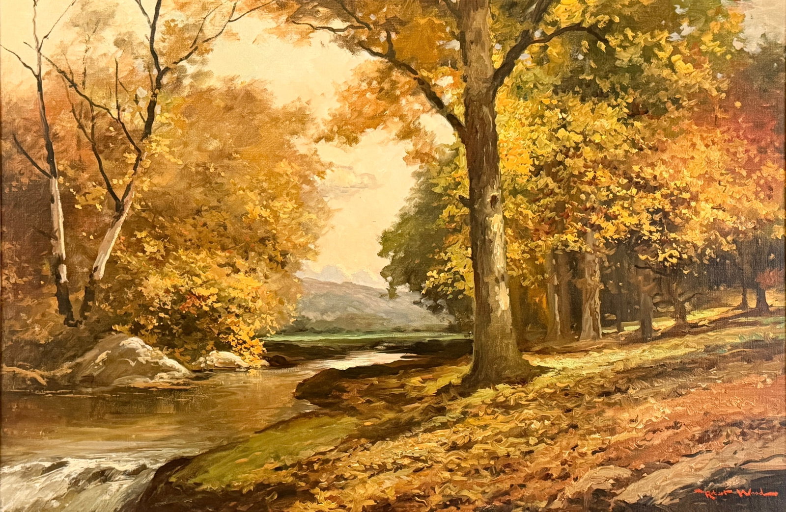 Robert Wood "Tranquility" Oil on Canvas: Signed lower right and titled on verso. Provenance paperwork included. Image: 23 1/2" x 35 1/2" Frame: 31 1/2" x 43" Condition: The painting i