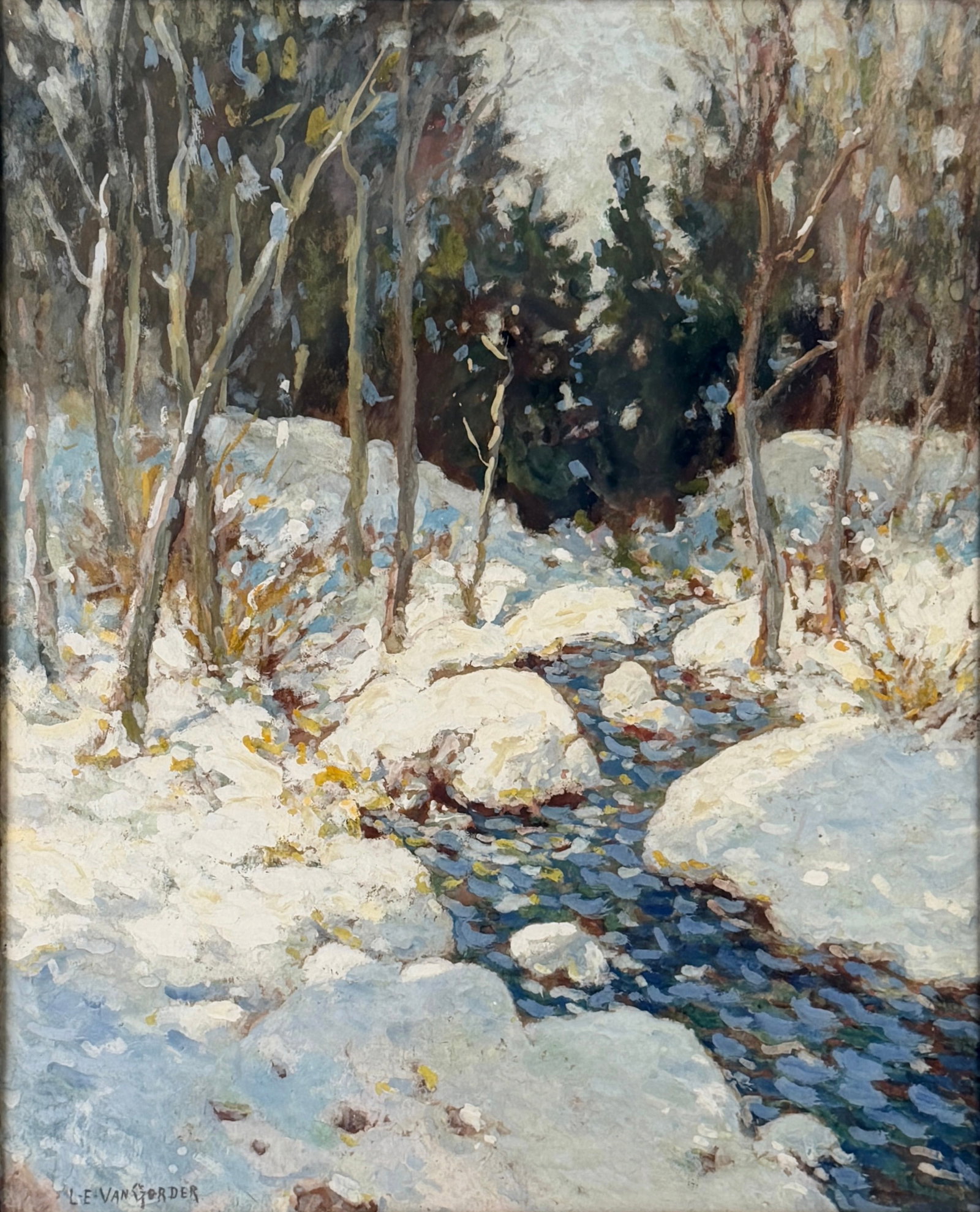 Luther E. Van Gorder 'Snow Scene' Oil on Board: Signed in the lower left corner. Image: 12 1/2" Wide x 15" Tall Frame: 17 1/4" Wide x 20" Tall Condition: The painting is in good condition. Minor s