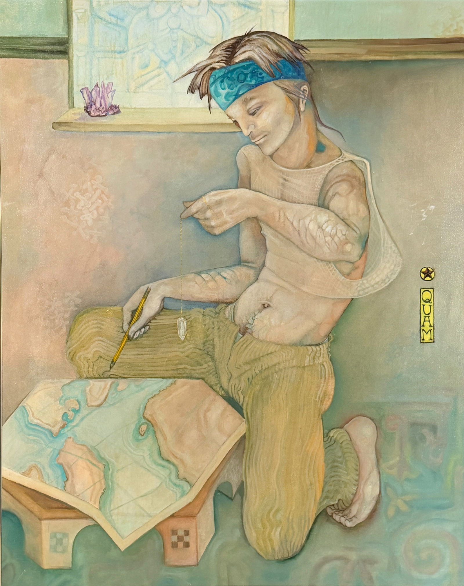 Mylo Quam "Map Dowoer" Oil on Canvas: Signed along the right side of the painting. Titled on reverse. Image: 23" W x 29" T Frame: 24 1/2" W x 30 1/2" T Condition: The painting is in
