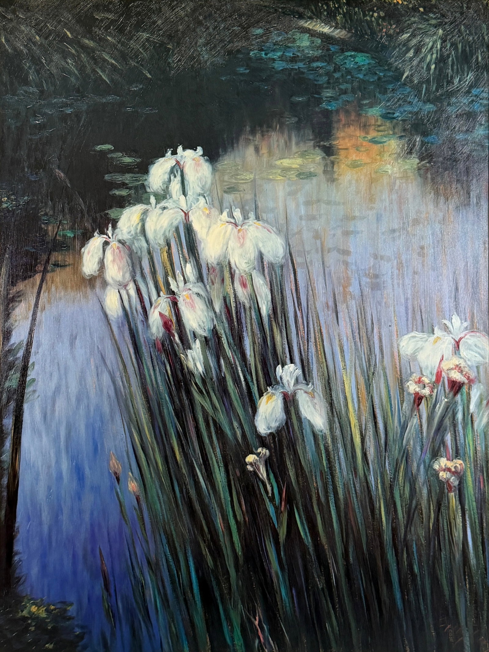 Greg Singley "Wild Irises" Oil on Canvas: Signed in the lower right corner. Image: 36 3/4" x 27 1/2" Frame: 44" x 35" Condition: The painting is in very good condition. Nicks and loss of gilding to the