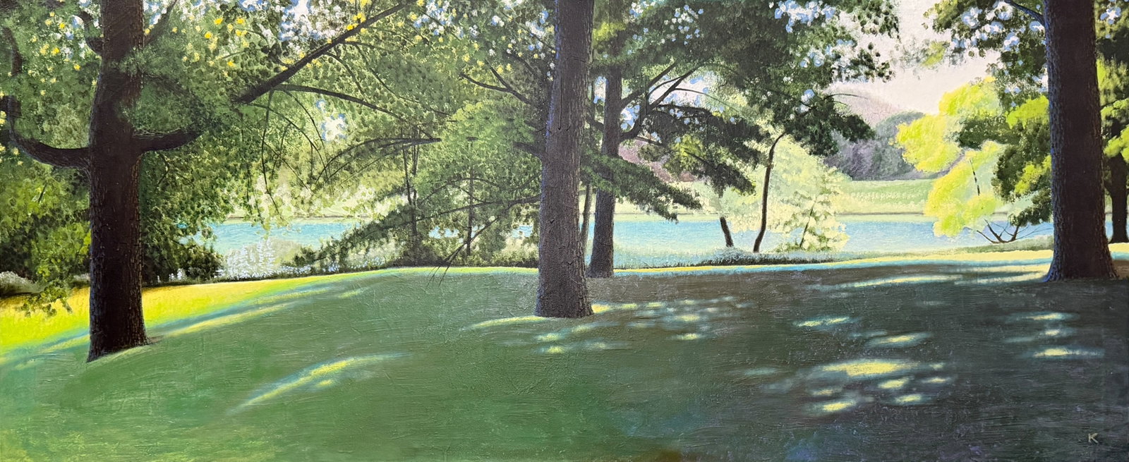 Kraig Rasmussen "Oak Canopy Along the Shore" Oil on Canvas: Signed lower left by the artist and inscribed on the back. Date: 1996 Dimensions: Approximately 40" x 94" (unframed) Condition: The painting is in good condition. 