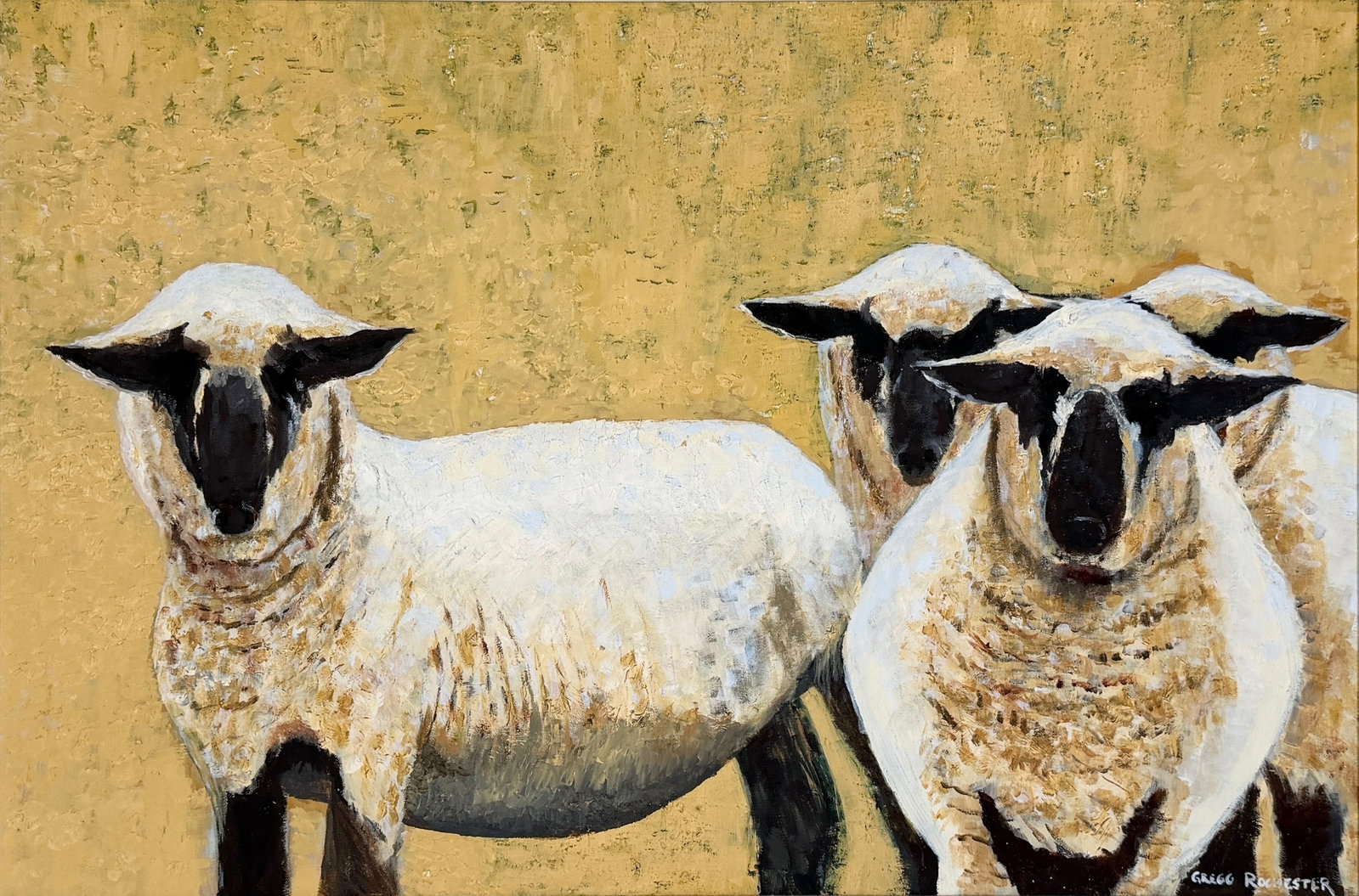 Gregg Rochester "Day of the Lambs" Oil on Canvas: Signed lower right and titled on the reverse. Image: 23 1/2" x 35" Frame: 31 1/2" x 42" Condition: The painting and frame are in good condition. 