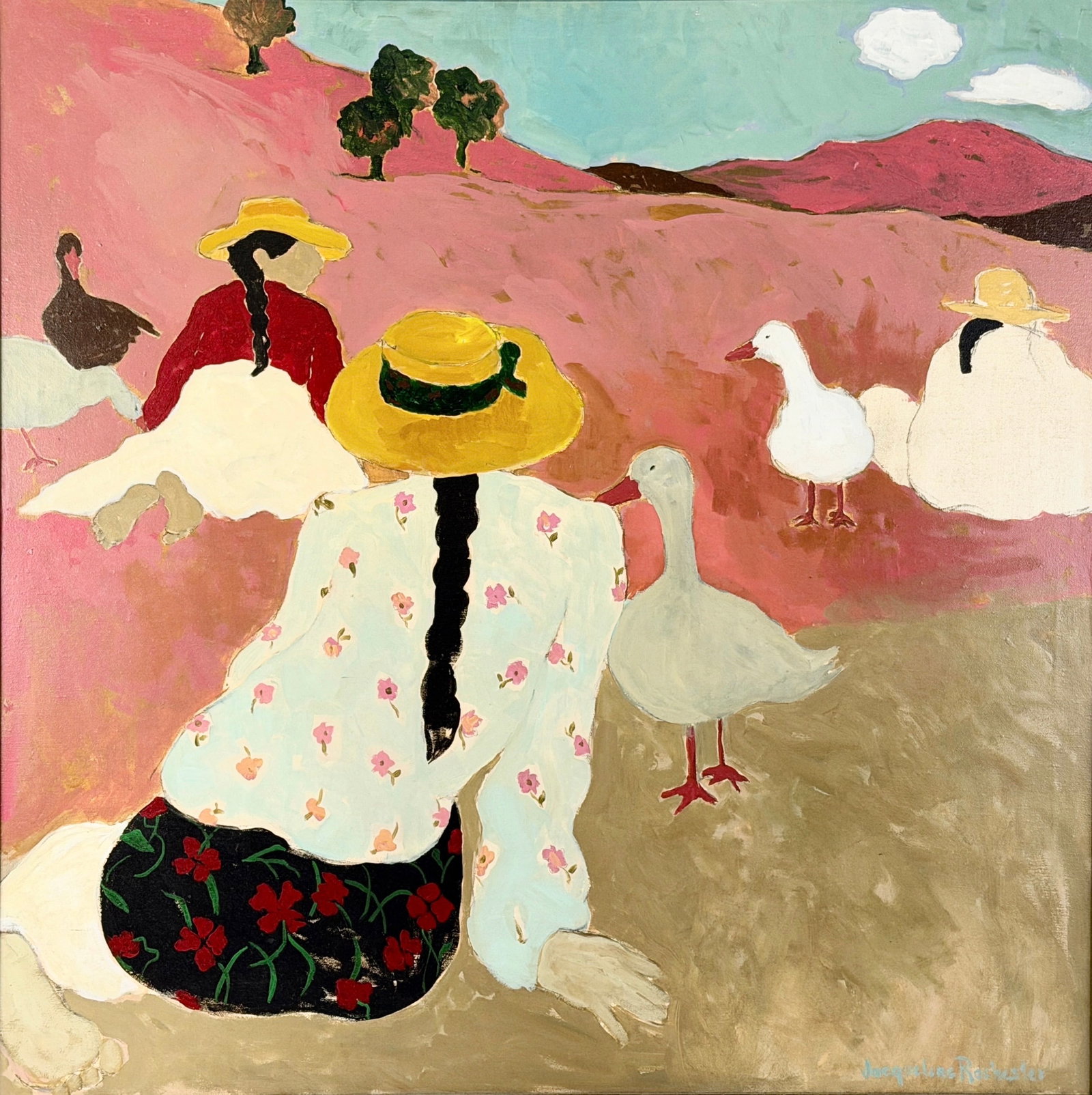 Jacqueline Rochester "Geese Herders" Oil on Canvas: Signed in the lower right by the artist. Image: 35 3/4" x 35 3/4" Frame: 37" x 37" Condition: The painting is in good condition. The backing paper