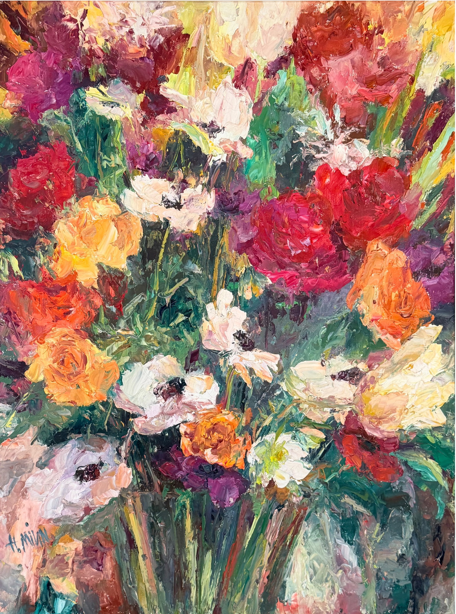 Henrietta Milan 'Spring Florals' Oil on Canvas: Hand-signed lower left. Image: 39" x 29 1/2" Frame: 47 1/2" x 37 1/2" Condition: Some areas with cracking to the paint, likely due to the palette
