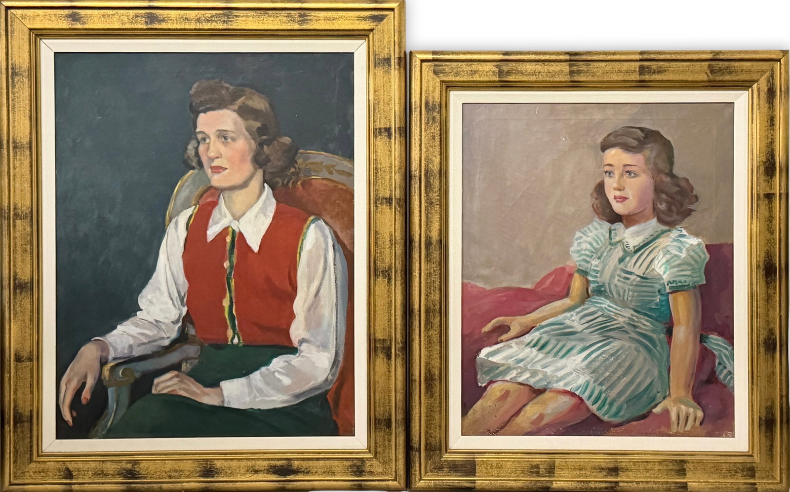 Pair of 'Mother and Child Portraits' Oil on Canvas: The paintings are unsigned. Larger Image: 30 3/4" x 23 1/2" Larger Frame: 38 1/2" x 32" Condition: The portrait of the child has cracking
