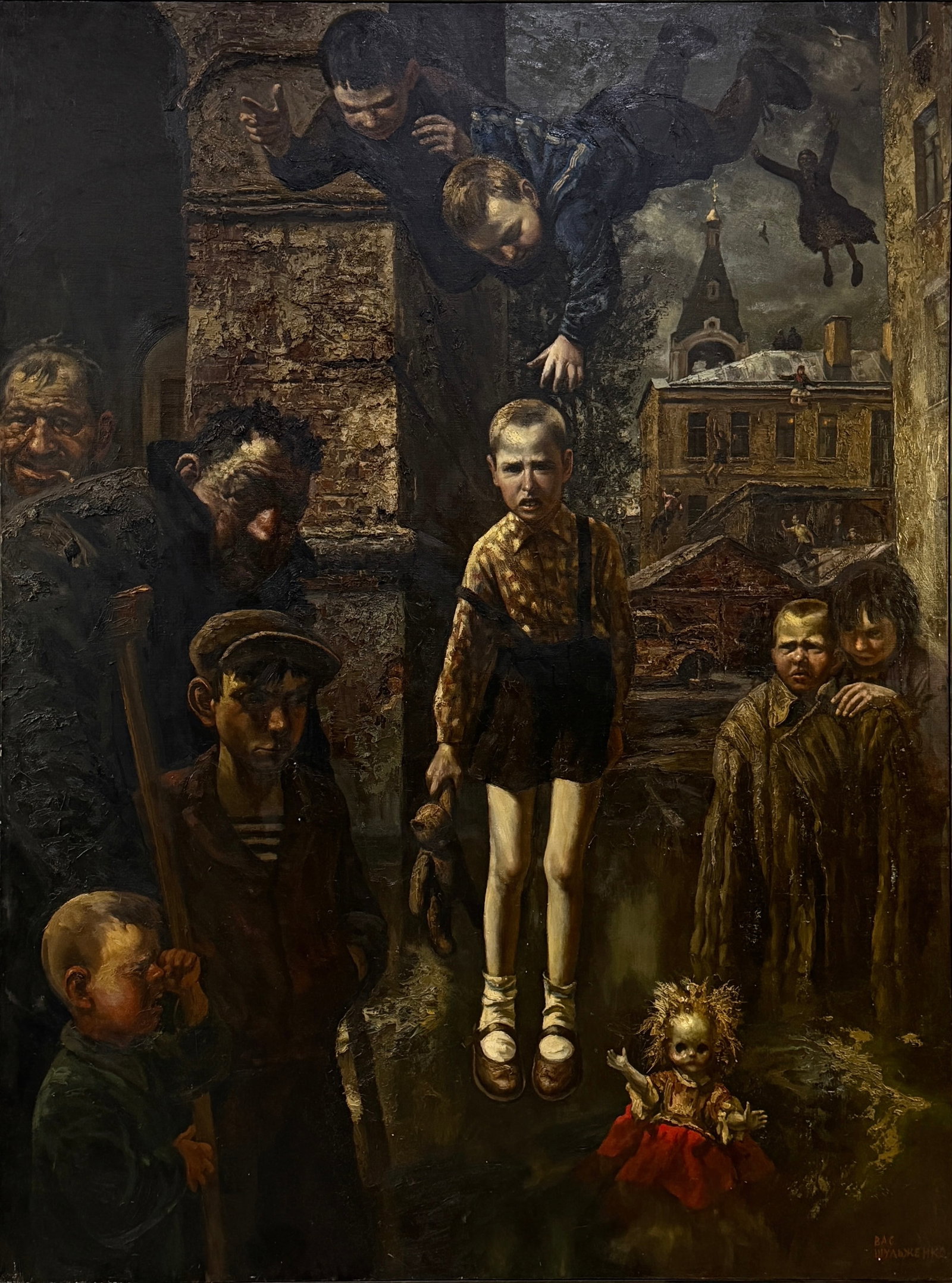 Vasily Shulzhenko "The Courtyard of My Childhood" Oil on Canvas: Signed by the artist lower right. Year: 2000 Provenance: Gallery Label from Maya Polsky Gallery, Chicago, Illinois Dimensions: 79" x 59" Condition: The wooden