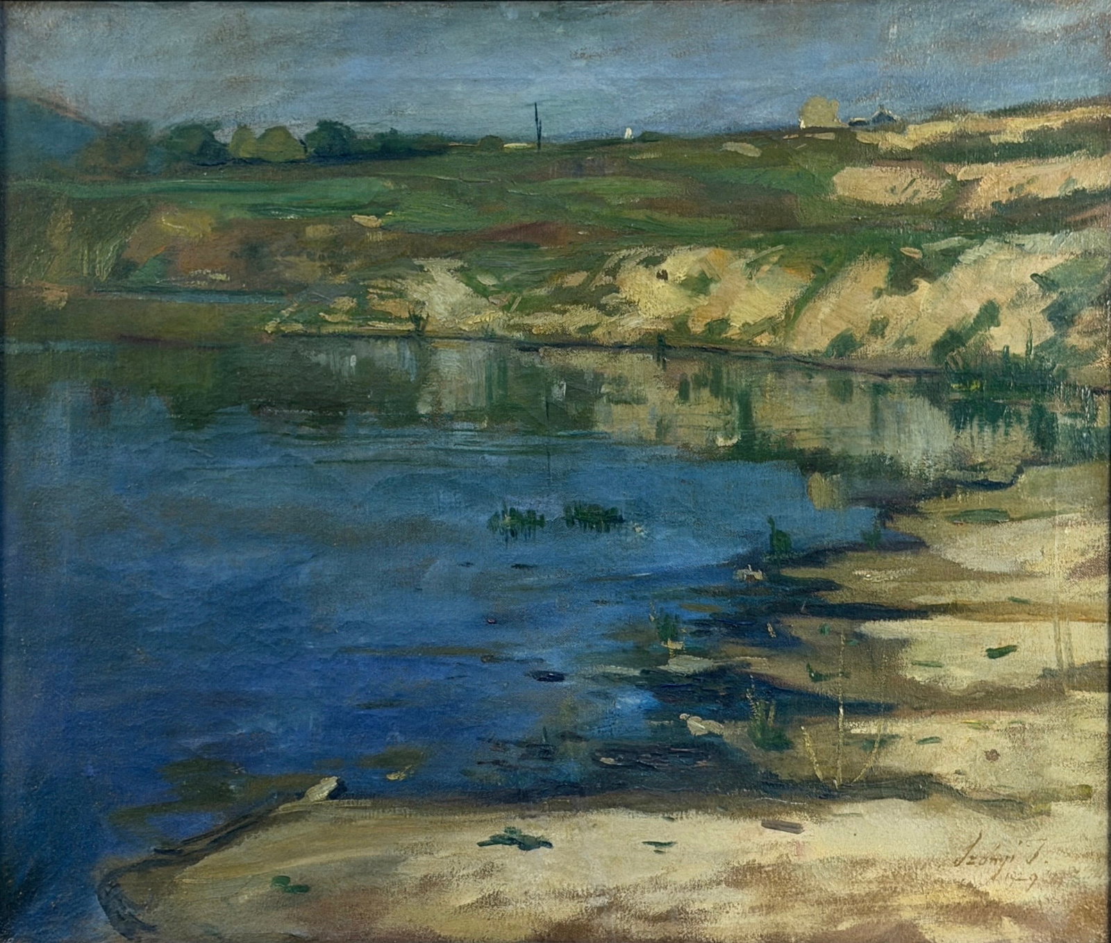 Istvan Szonyi 'Beach Landscape' Oil on Canvas: Signed and dated lower right. Date: 1929 Image: 20" x 23 1/2" Frame: 27 1/2" x 31 1/4" Condition: Minor craquelure in spots throughout the painting. Loss 