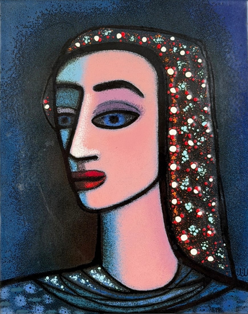 Jackson Woolley 'Portrait of a Woman' Enamel Mosaic: Signed on the back and in the lower right. Mosaic: 10" x 8" Frame: 15 3/4" x 13 3/4" Condition: The mosaic is in good condition. Artist