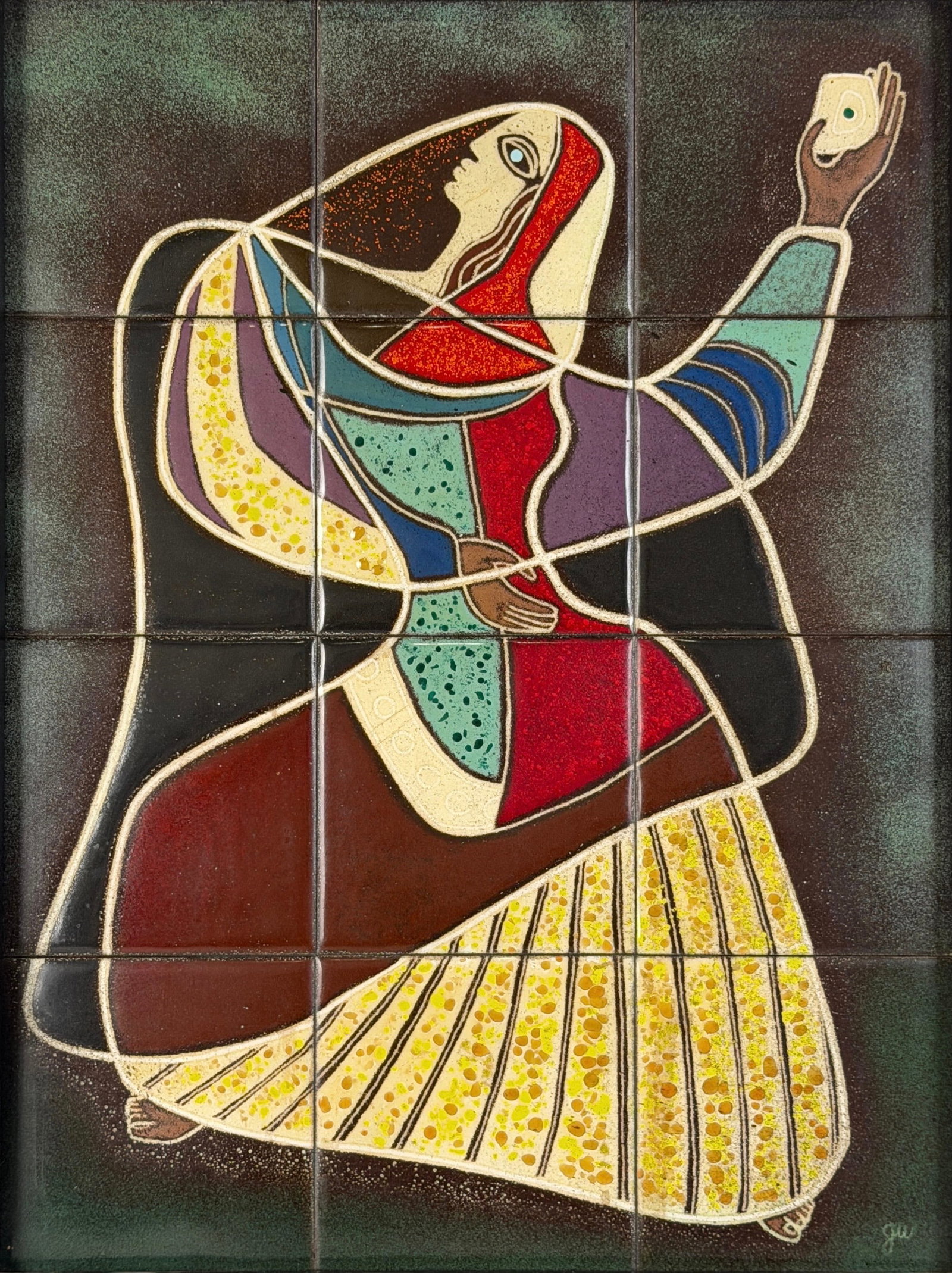 Jackson Woolley 'Dancing Woman' Enamel Portrait: Signed in the lower right corner. Mosaic: 16" x 12" Frame: 17 1/2" x 13 1/4" Condition: The mosaic is in very good condition. Artist