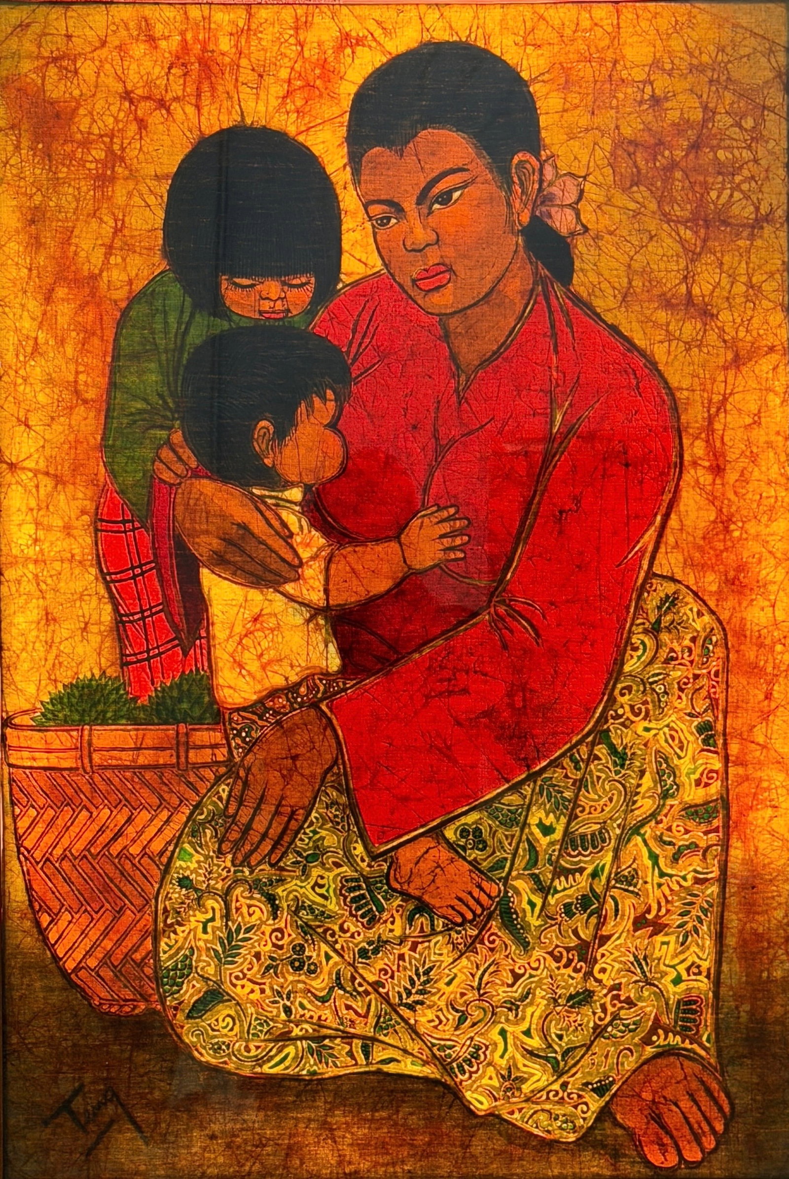 Chuah Thean Teng 'Mother and Children' Batik Dye on Cloth: Batik dye on cloth made into a lightbox. The image has nice backlighting when turned on. Dimensions: 41" x 29 1/2" x 3" Condition: Painting is in good condition. Wir