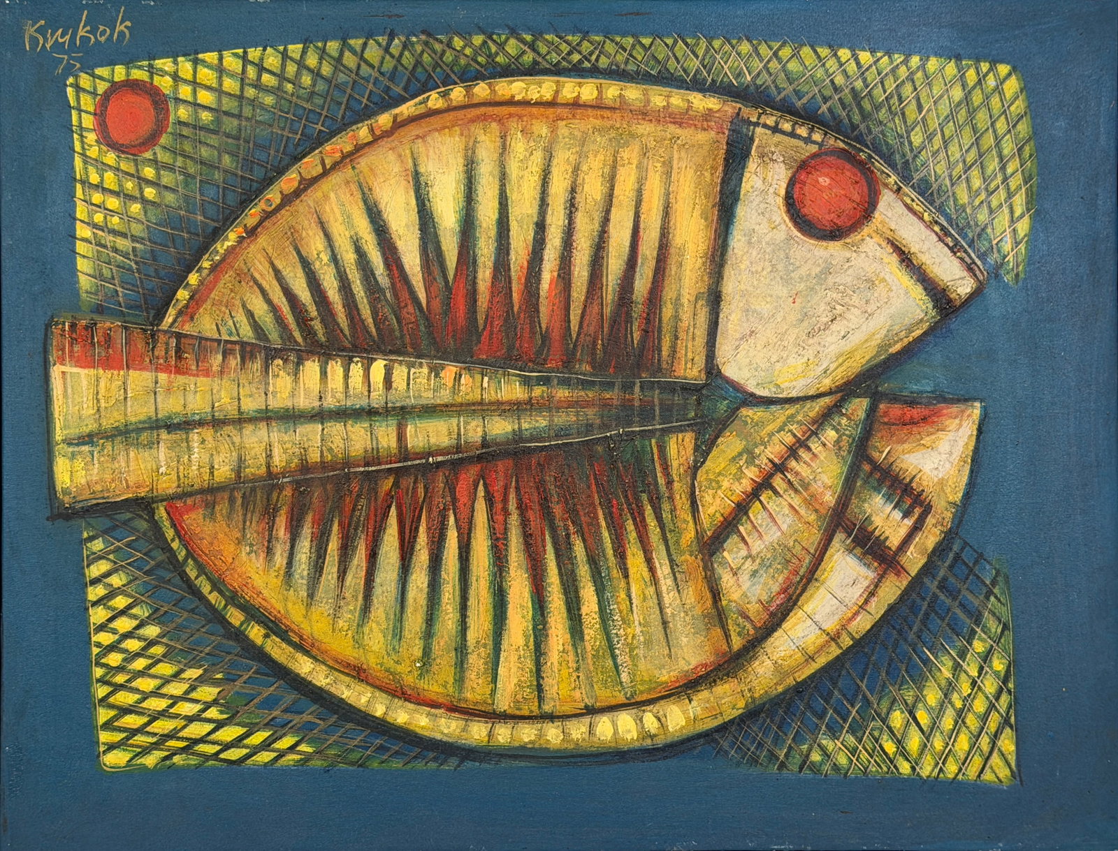 Attributed to Ang Kiukok 'Fish' Oil on Canvas (A): Signed and dated in the upper left corner. Date: 1975 Image: 18" x 23 1/2" Frame: 18 1/2" x 24 1/4" Condition: An approx. 1" long residue mark 