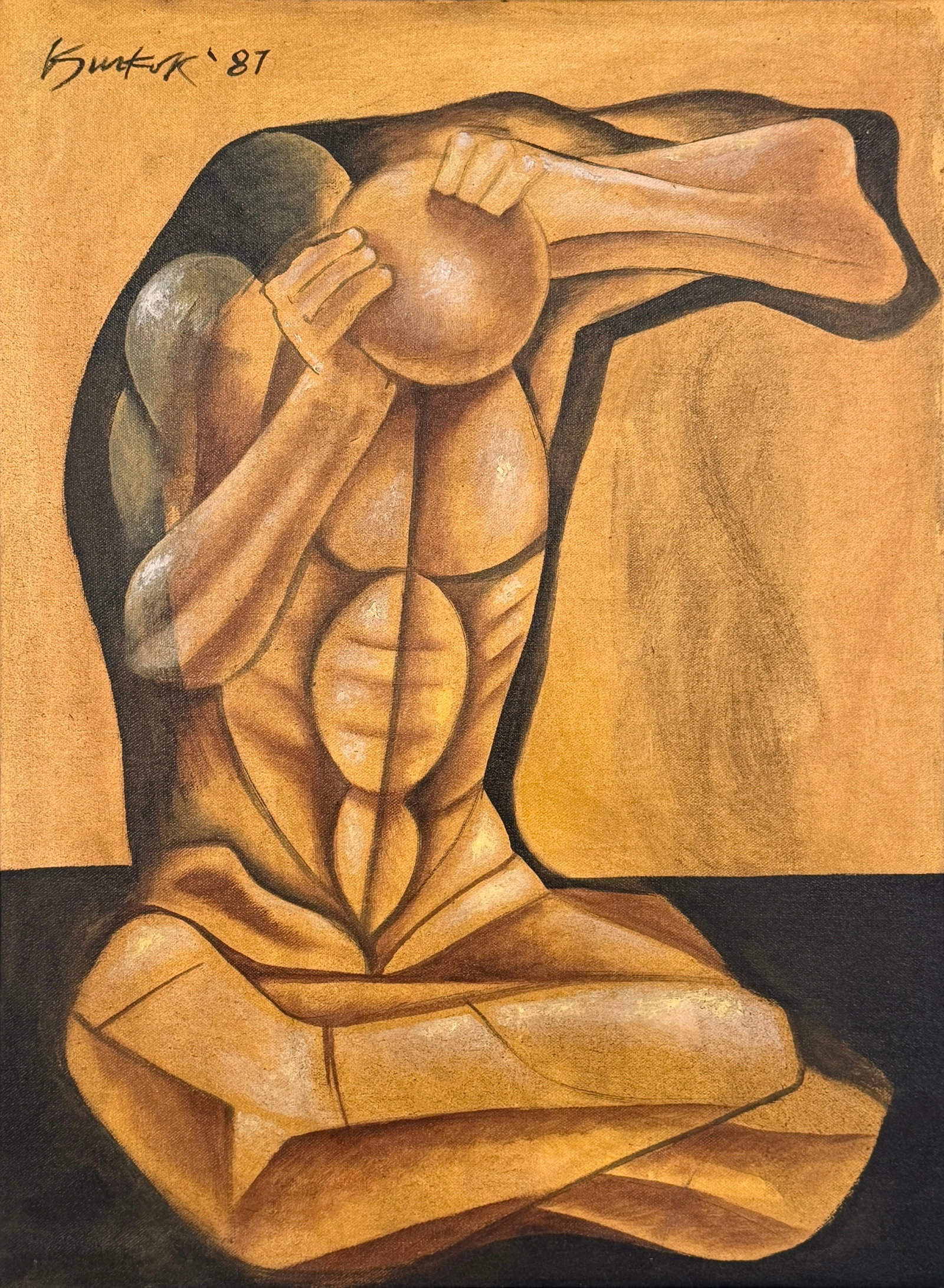 Attributed to Ang Kiukok 'Thinking Man' Oil on Canvas (B): Signed and dated in the upper left corner. Date: 1987 Image: 24" x 17 1/2" Frame: 24 1/2" x 18 1/4" Condition: The painting is in very good conditio