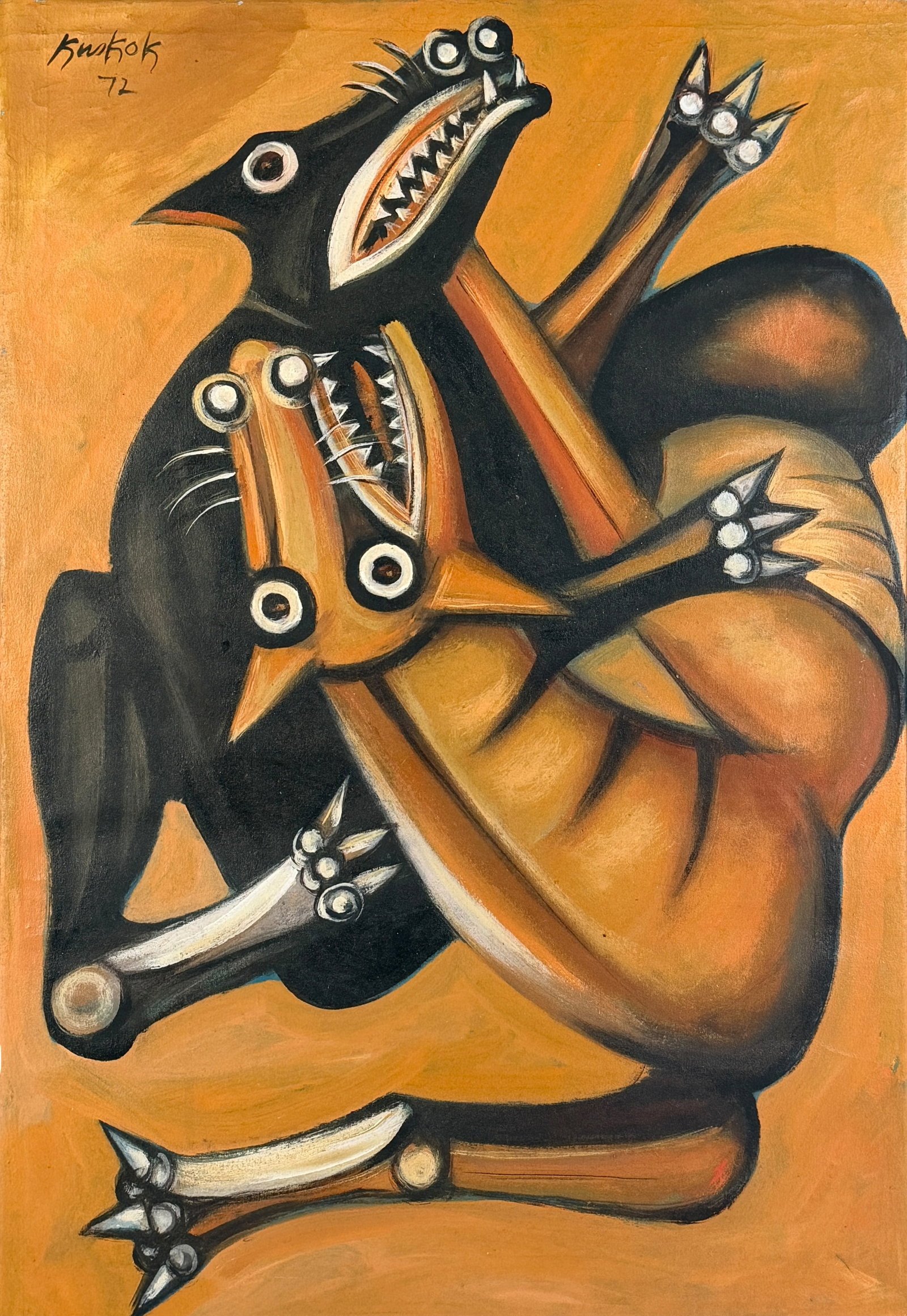 Attributed to Ang Kiukok 'Dogfight' Oil on Canvas (C): Signed and dated in the upper left corner. Date: 1972 Image: 28" x 19 1/4" Frame: 28 1/2" x 20" Condition: Cracking to the paint on the canvas. The 