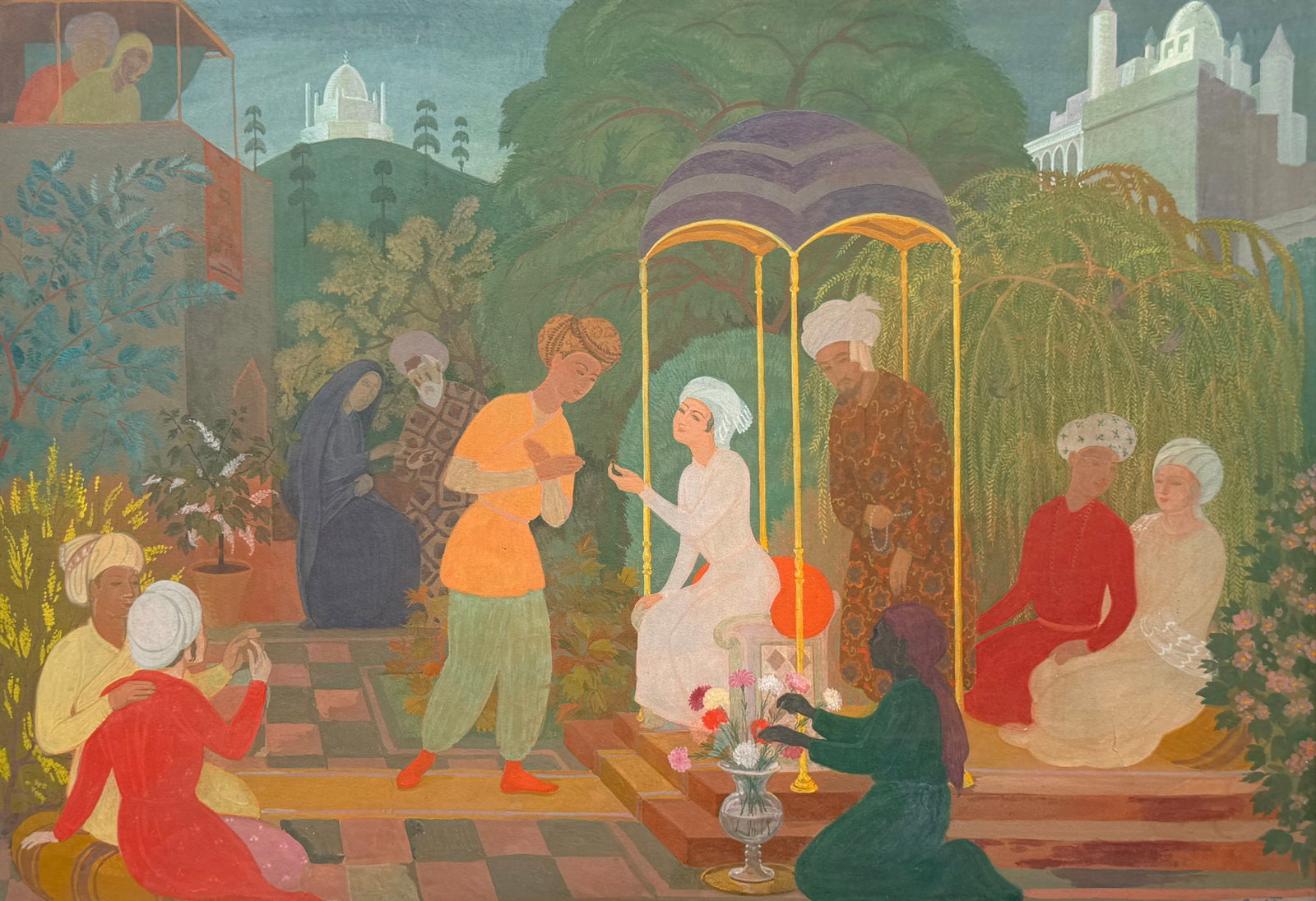Paul Tanner 'Indian Wedding' Gouache on Board: Signed lower right by the artist. Image: 27 1/2" W x 17" T Frame: 31 1/2" W x 23" T Condition: There is a small tear in the lower right area with light we