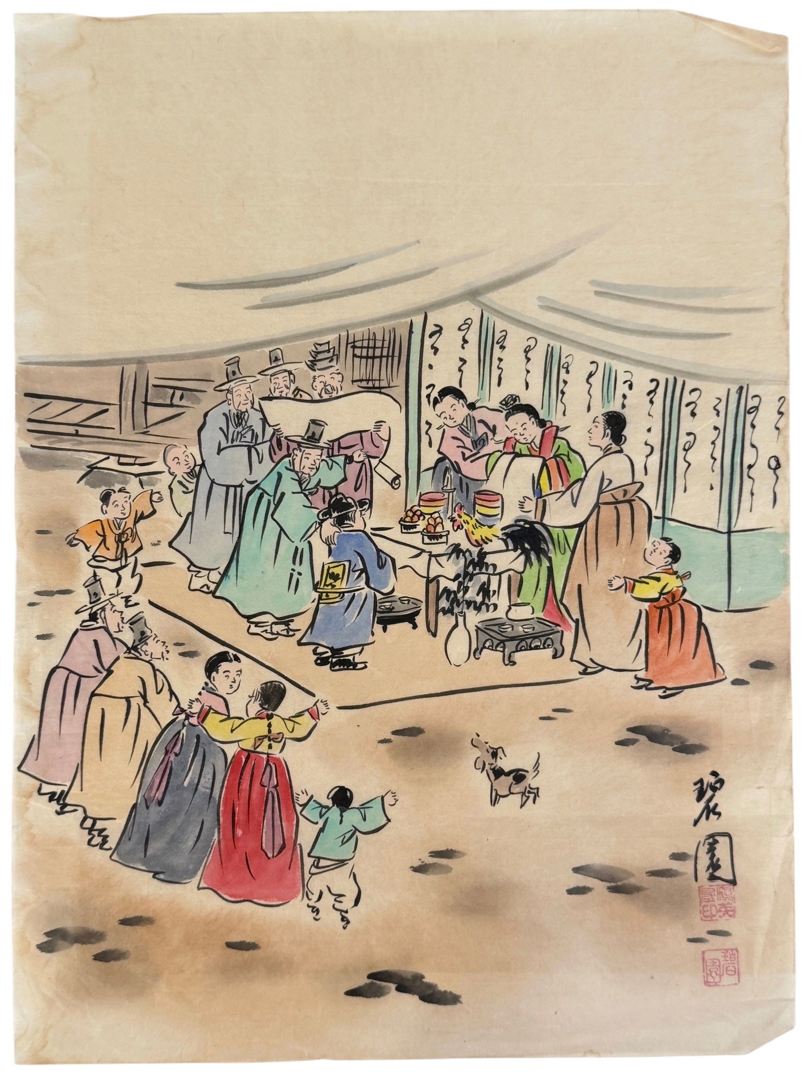 Vintage Korean Watercolor & Ink on Rice Paper: The image is a genre painting of a wedding scene, likely dating to the Joseon dynasty. Dimensions: 17 3/4" x 13" Condition: Image is unframed. Creasing and min