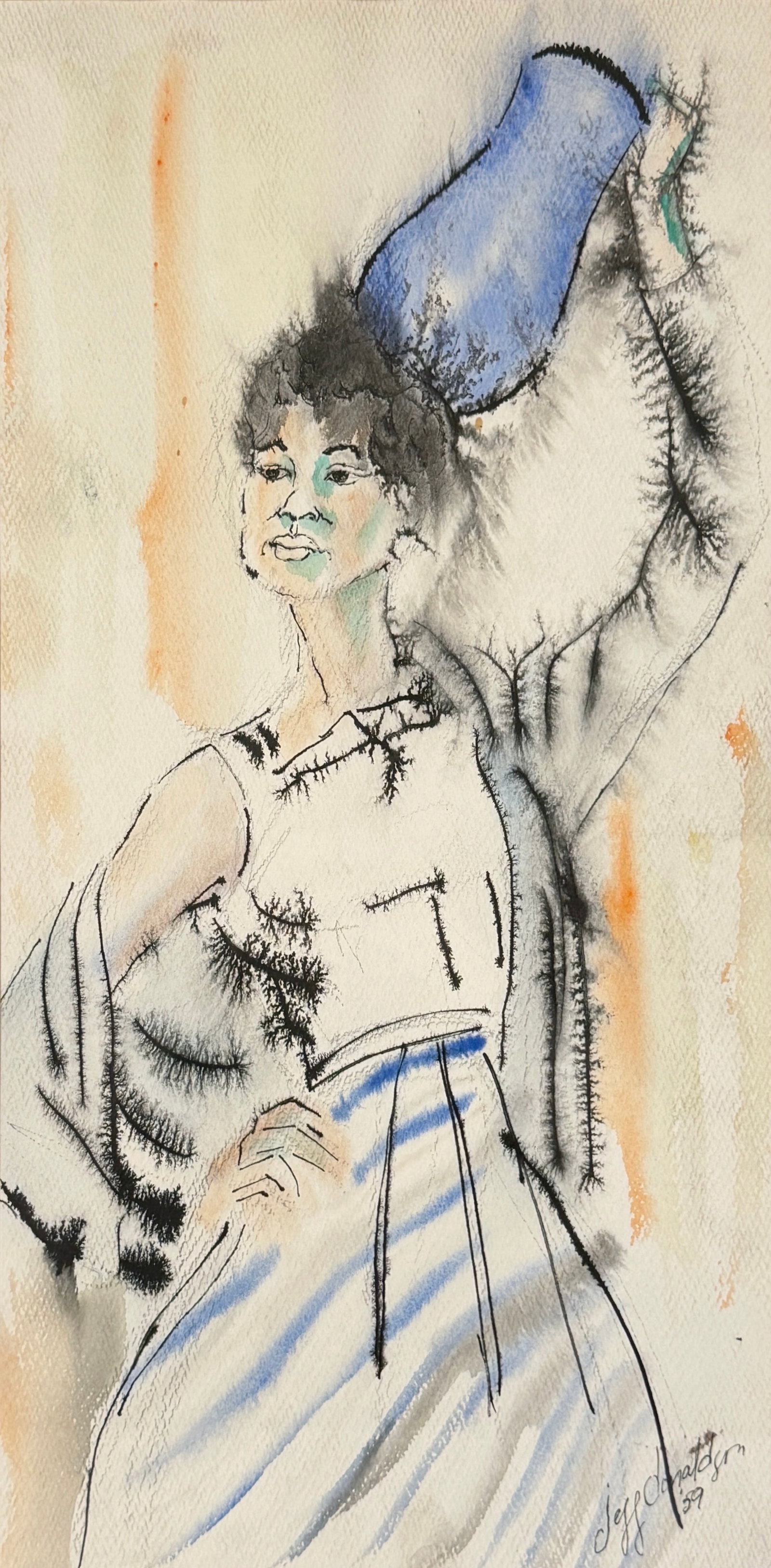 Jeff Donaldson 'Portrait of a Woman' Watercolor & Ink on Paper: Signed and dated by the artist in the lower right. Date: 1959 Image: 19" x 9 1/2" Frame: 25" x 15 1/2" Condition: Some undulation and toning to the 