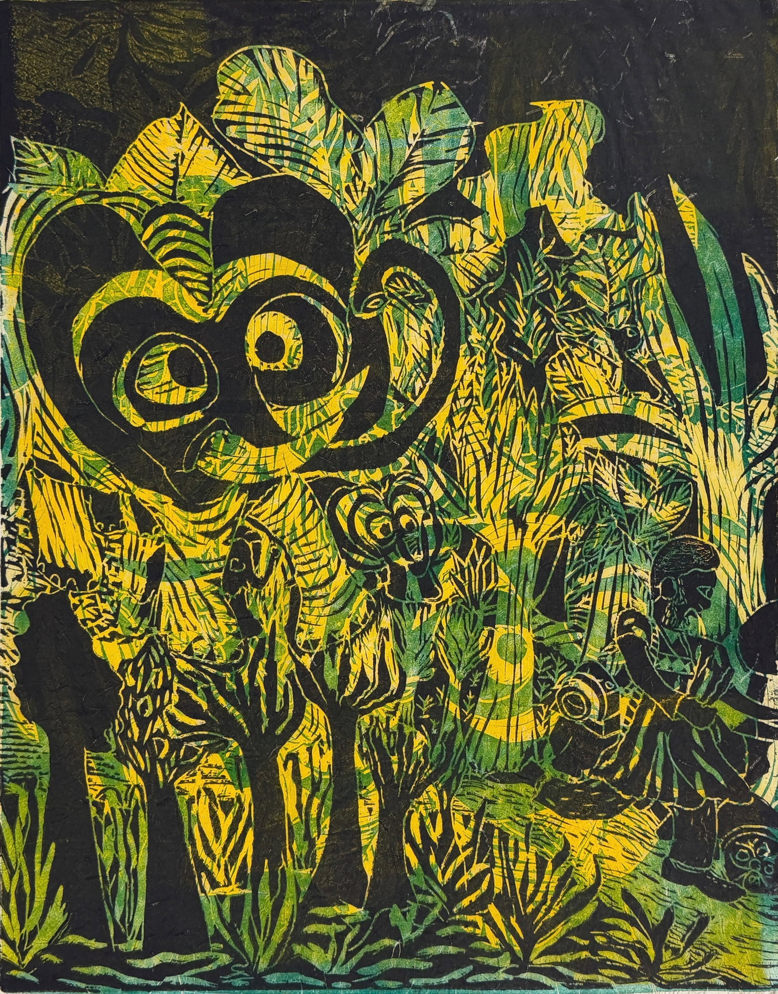 Tunde Odunlade Linocut on Rice Paper: Signed and numbered by the artist at the bottom. Limited Edition: 7/50 Dimensions: 24" x 18" Condition: Undulation to the paper; otherwise, the print is in good condition