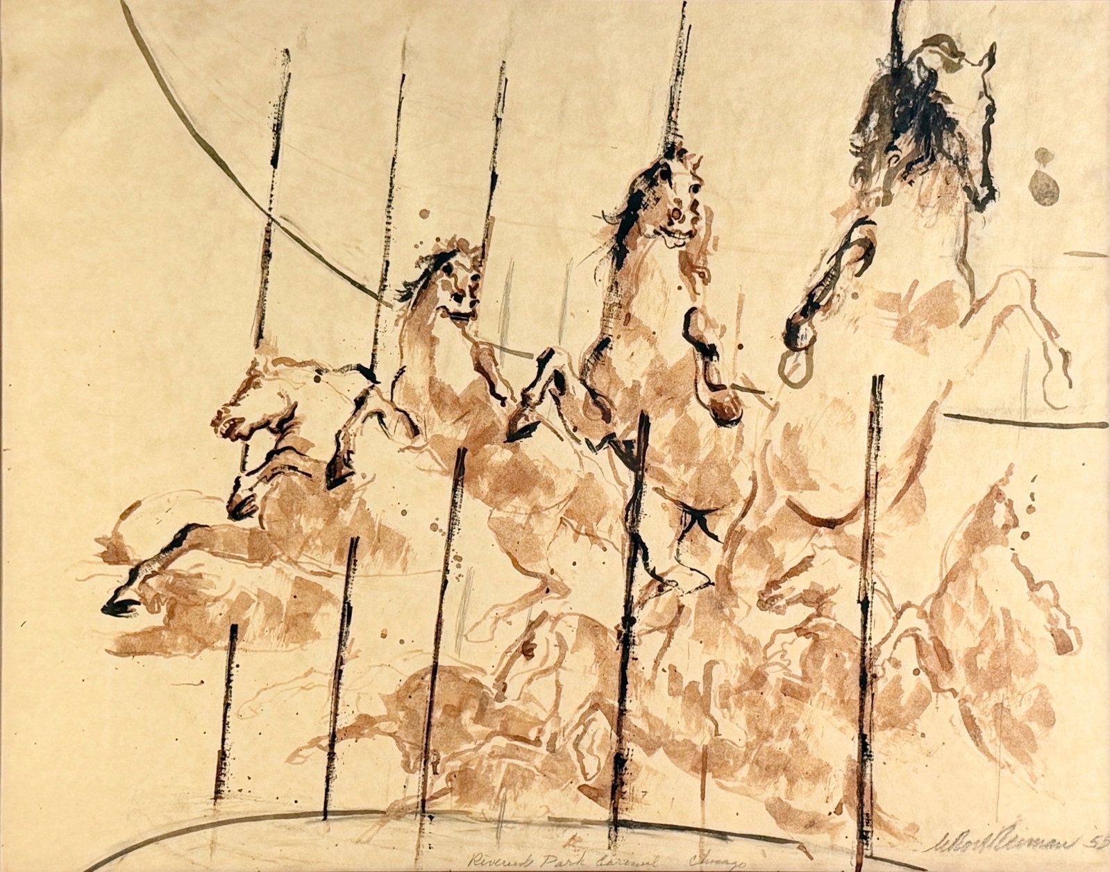 Leroy Neiman "Wooden Horse Carousel" Watercolor on Paper: Signed and dated by the artist in the lower right. Full Title: Wooden Horse Carousel, Riverview Park, Chicago, 1955 Date: 1955 Provenance: Certificate of Authenticity from Franklin Bowles Galler