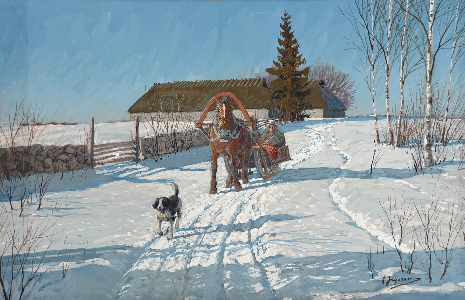 Andrei Afanasievich Egorov 'Horse Drawn Sleigh in Snow' Gouache on Paper: Signed by the artist in the lower right. Image is unframed but mounted on thick paper. Image: 13 1/2" x 20 1/2" Condition: The upper right corner of the mount