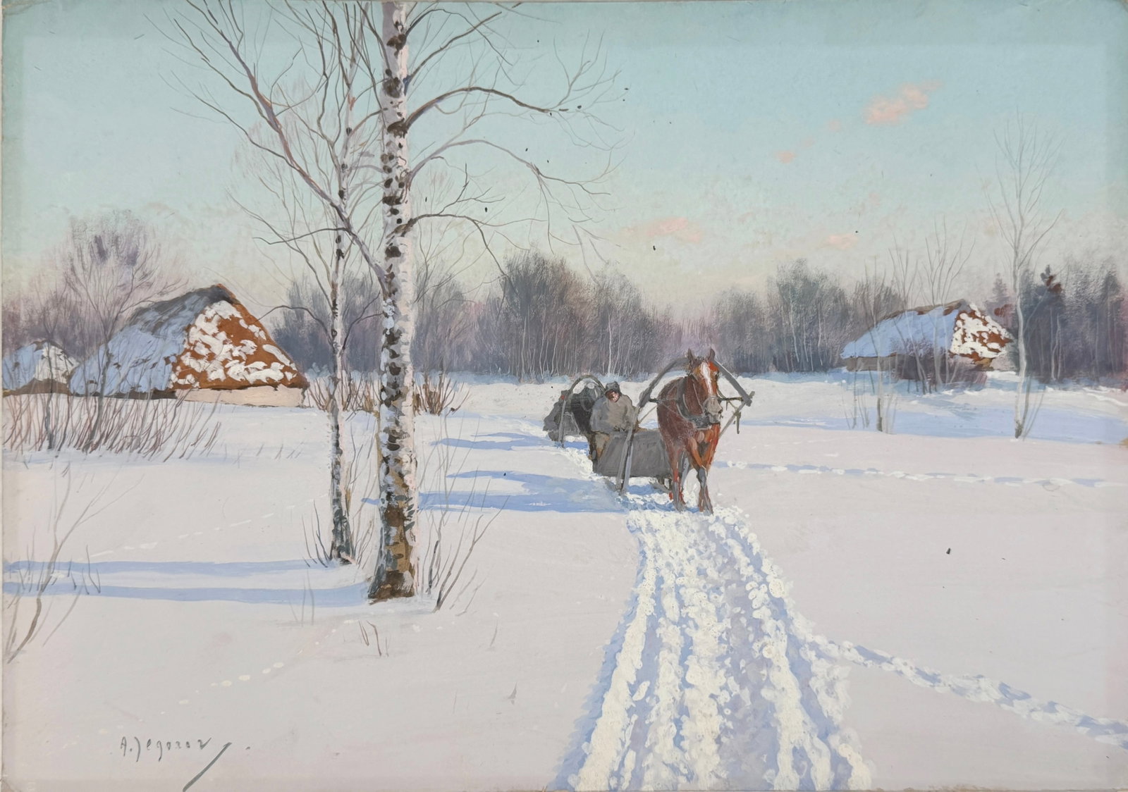 Andrei Afanasievich Egorov 'Winter Landscape' Gouache on Board: Signed in the lower left by the artist. Image is unframed. Image: 14" x 19 1/2" Condition: There is wear to the edges of the paper, concentrated in the corner