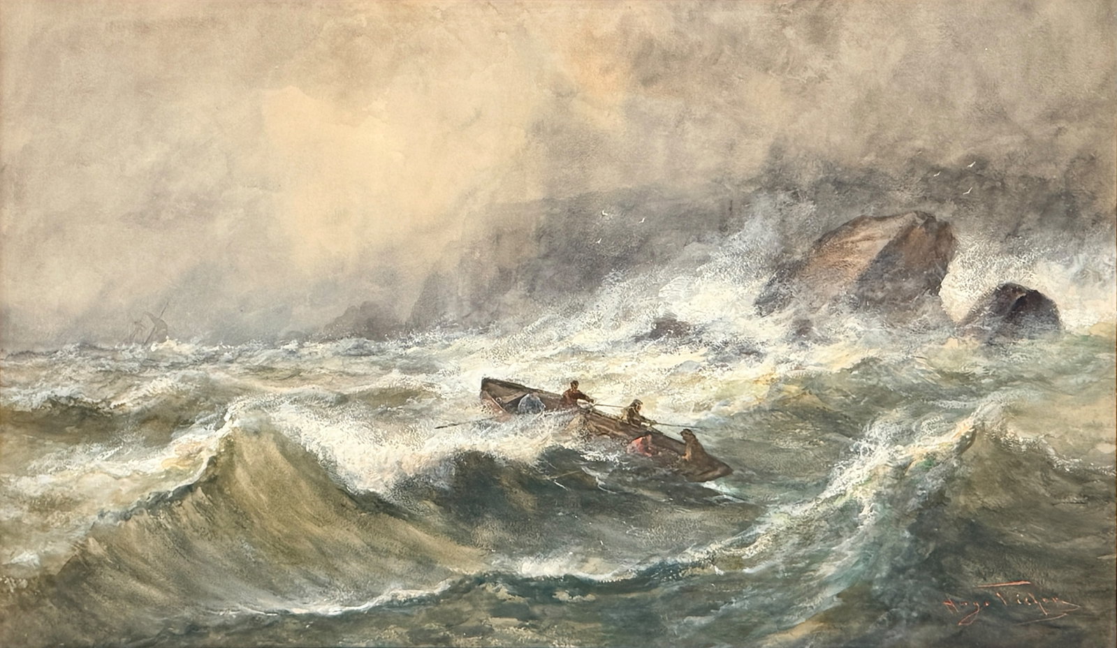 Hugo Anton Fisher 'Stormy Maritime Scene' Watercolor on Paper: Signed lower right by the artist. Image: 17" x 29" Frame: 24 1/2" x 36 1/2" Condition: The watercolor is in good condition. There is a large scratch