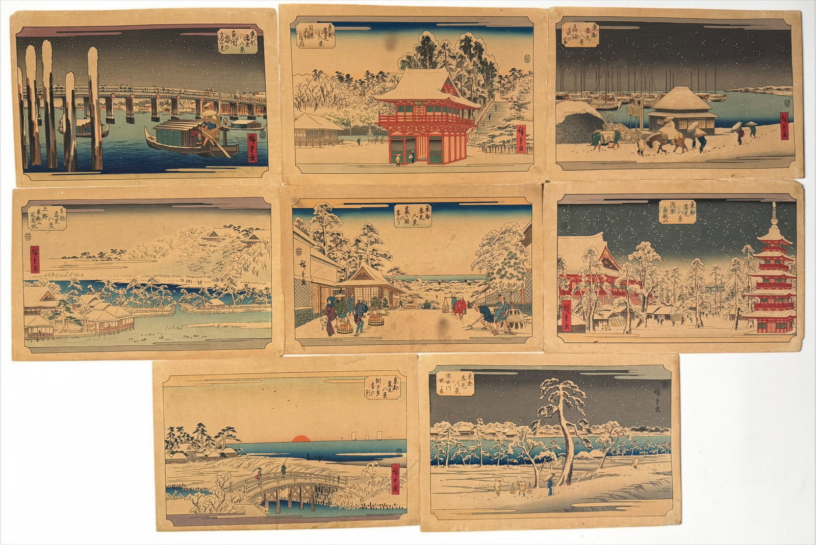 Utagawa Hiroshige "Eight Snow Scenes in the Eastern Capital" Woodblock Prints: All eight prints in the series included making a complete set. Dimensions: 9 3/4" x 15" Condition: Toning and foxing to the paper. Some prints have oil stains. All