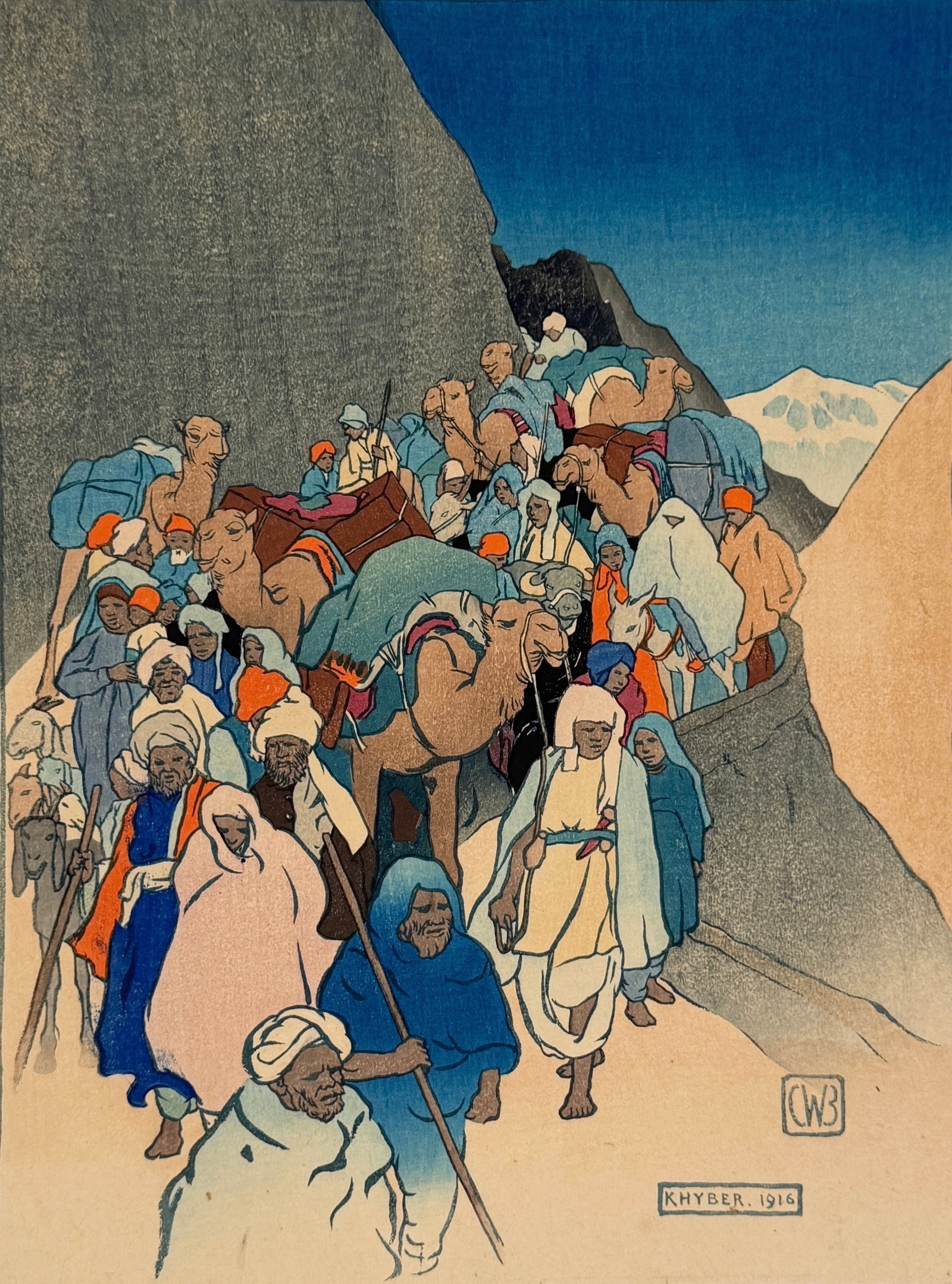 Charles Bartlett "Khyber Pass" Woodblock Print: Signed in the lower left. Date: 1916 The image is unframed. Image: 13 1/2" x 10 1/4" Condition: Toning to the paper. Acid burn from previous framing and sunli